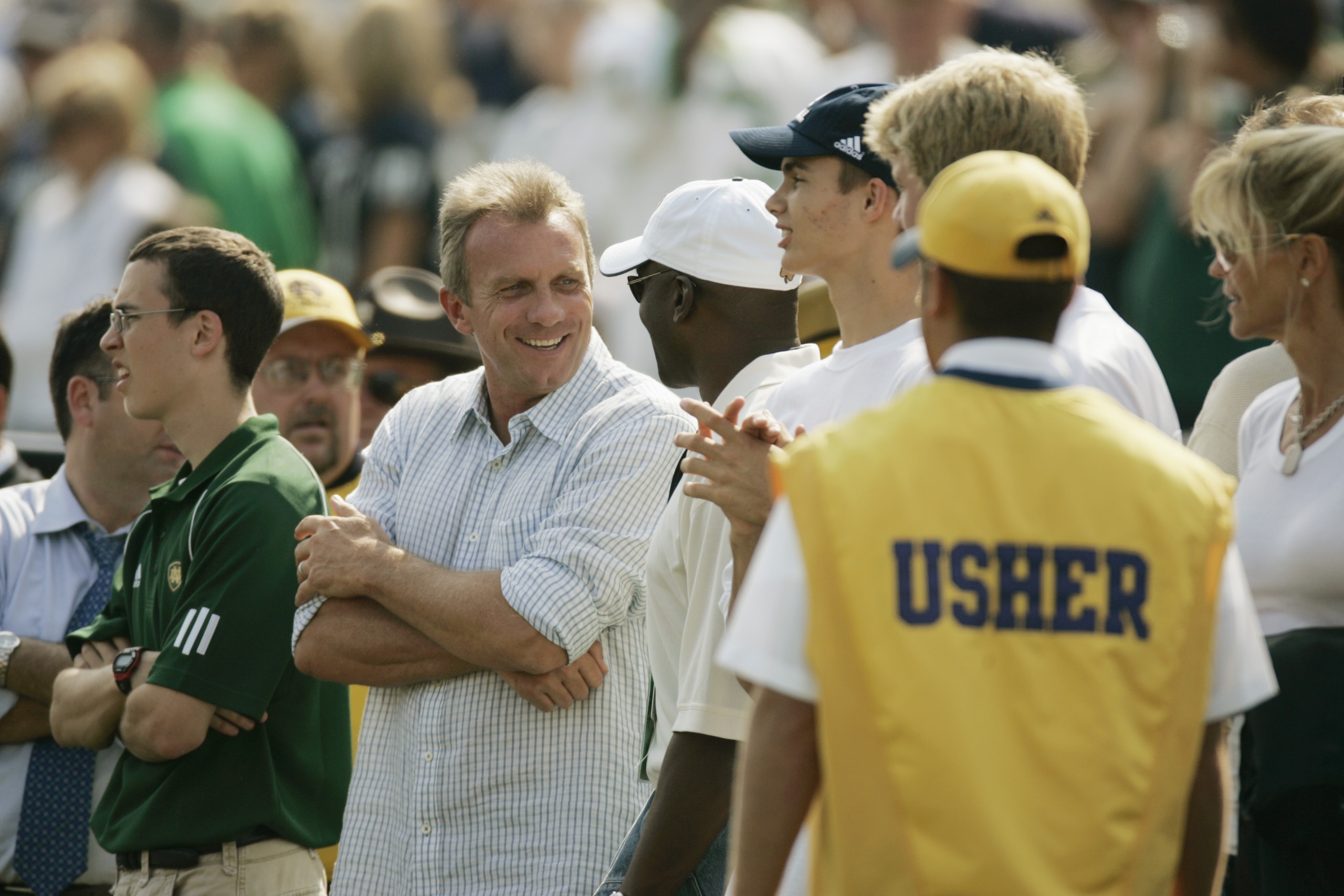 SOUTH BEND, IN - SEPTEMBER 9:  Former Notre Dame Fighting Irish player and Hall of Famer Joe Montana stands on the sidelines during the game against the Penn State Nittany Lions on September 9, 2006 at Notre Dame Stadium in South Bend, Indiana. (Photo By