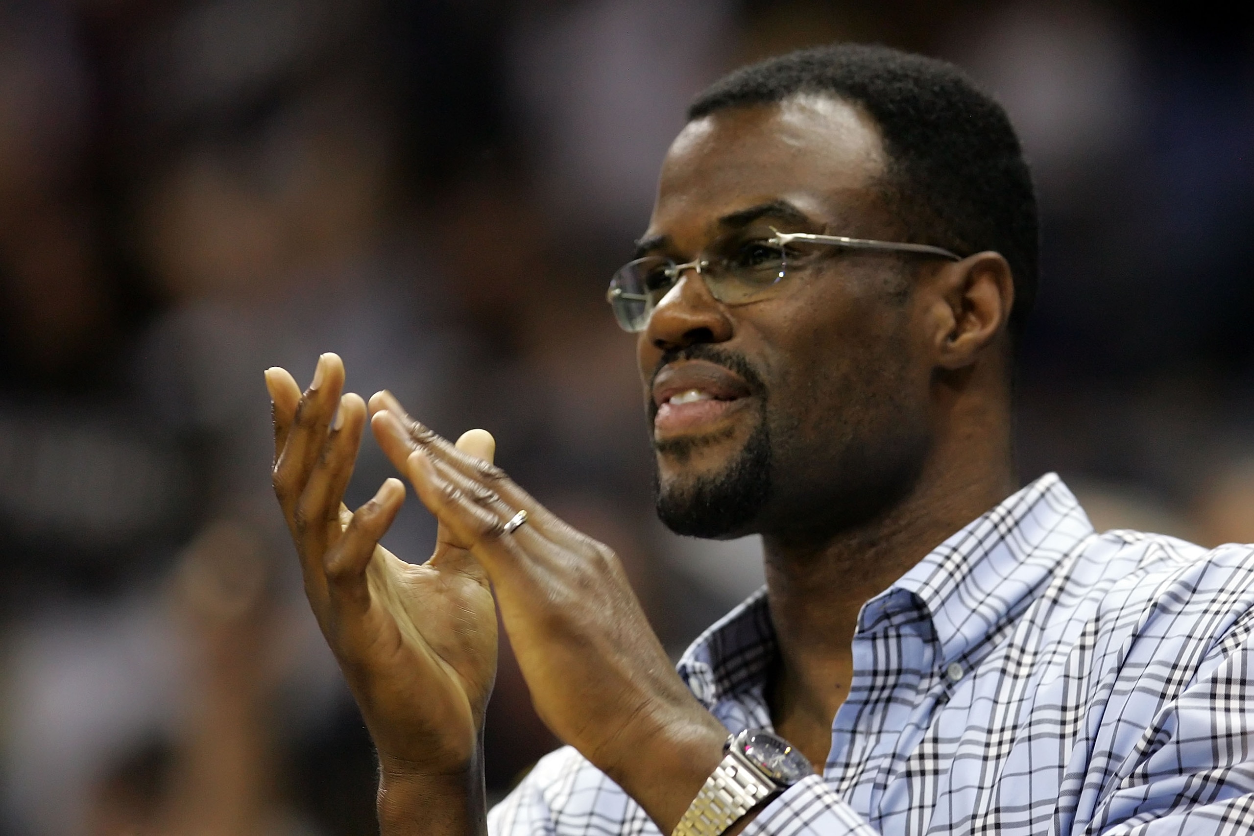 SAN ANTONIO - JUNE 10:  Former San Antonio Spurs player David Robinson cheers on his former team in the second half against the Cleveland Cavaliers in Game Two of the 2007 NBA Finals on June 10, 2007 at the AT&T Center in San Antonio, Texas.  NOTE TO USER