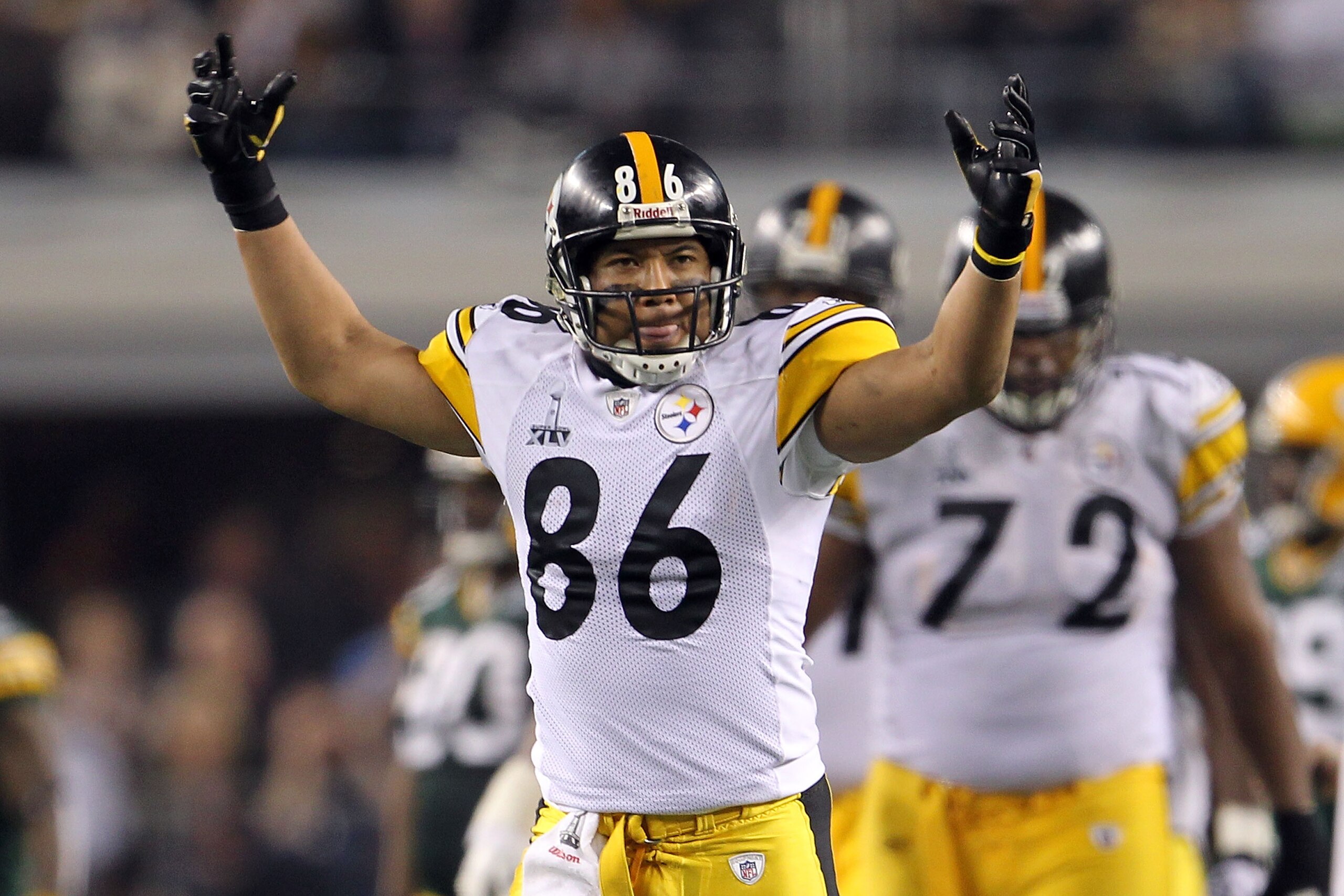 ARLINGTON, TX - FEBRUARY 06:  Hines Ward #86 of the Pittsburgh Steelers reacts after a play in the second half against the Green Bay Packers during Super Bowl XLV at Cowboys Stadium on February 6, 2011 in Arlington, Texas.  (Photo by Jamie Squire/Getty Im