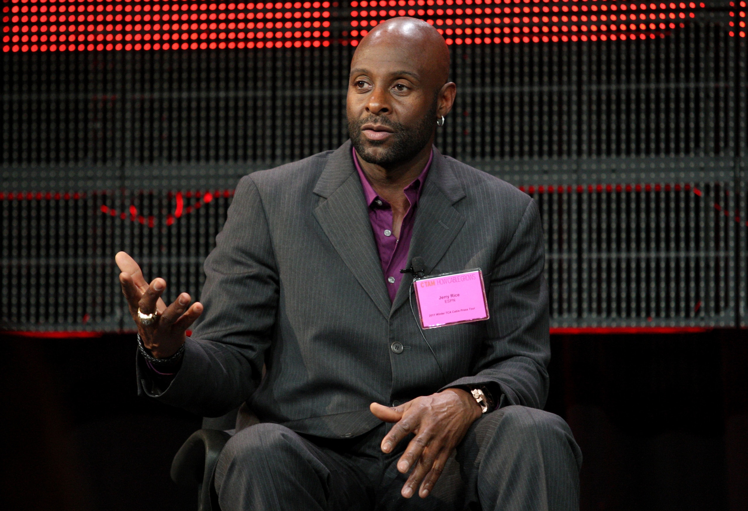 PASADENA, CA - JANUARY 05:  NFL Hall of Famer Jerry Rice speaks onstage during the 'Year of the Quarterback' panel at the ESPN portion of the 2011 Winter TCA press tour held at the Langham Hotel on January 5, 2011 in Pasadena, California.  (Photo by Frede