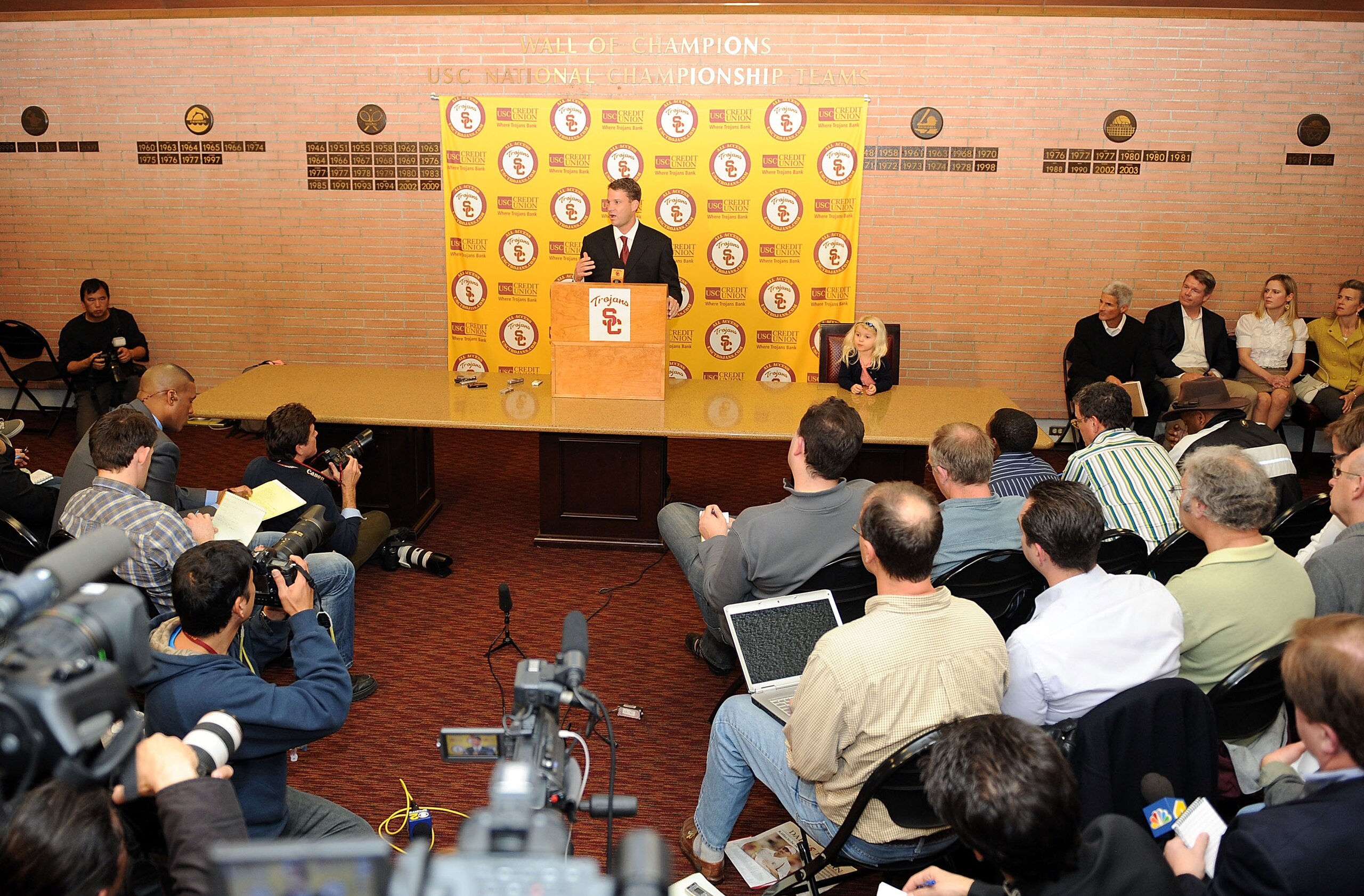 LOS ANGELES, CA - JANUARY 13:  New head coach of the USC Trojans Lane Kiffin holds a press conference to announce his hiring at Heritage Hall January 13, 2010 in Los Angeles, California.  (Photo by Harry How/Getty Images)