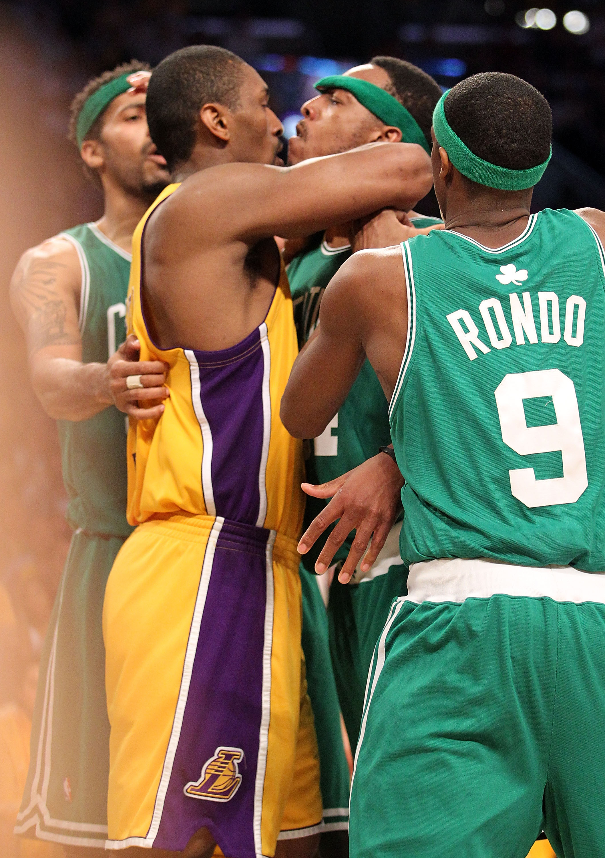 LOS ANGELES, CA - JUNE 17:  Ron Artest #37 of the Los Angeles Lakers and Paul Pierce #34 of the Boston Celtics get in each others face in the second quarter of Game Seven of the 2010 NBA Finals at Staples Center on June 17, 2010 in Los Angeles, California