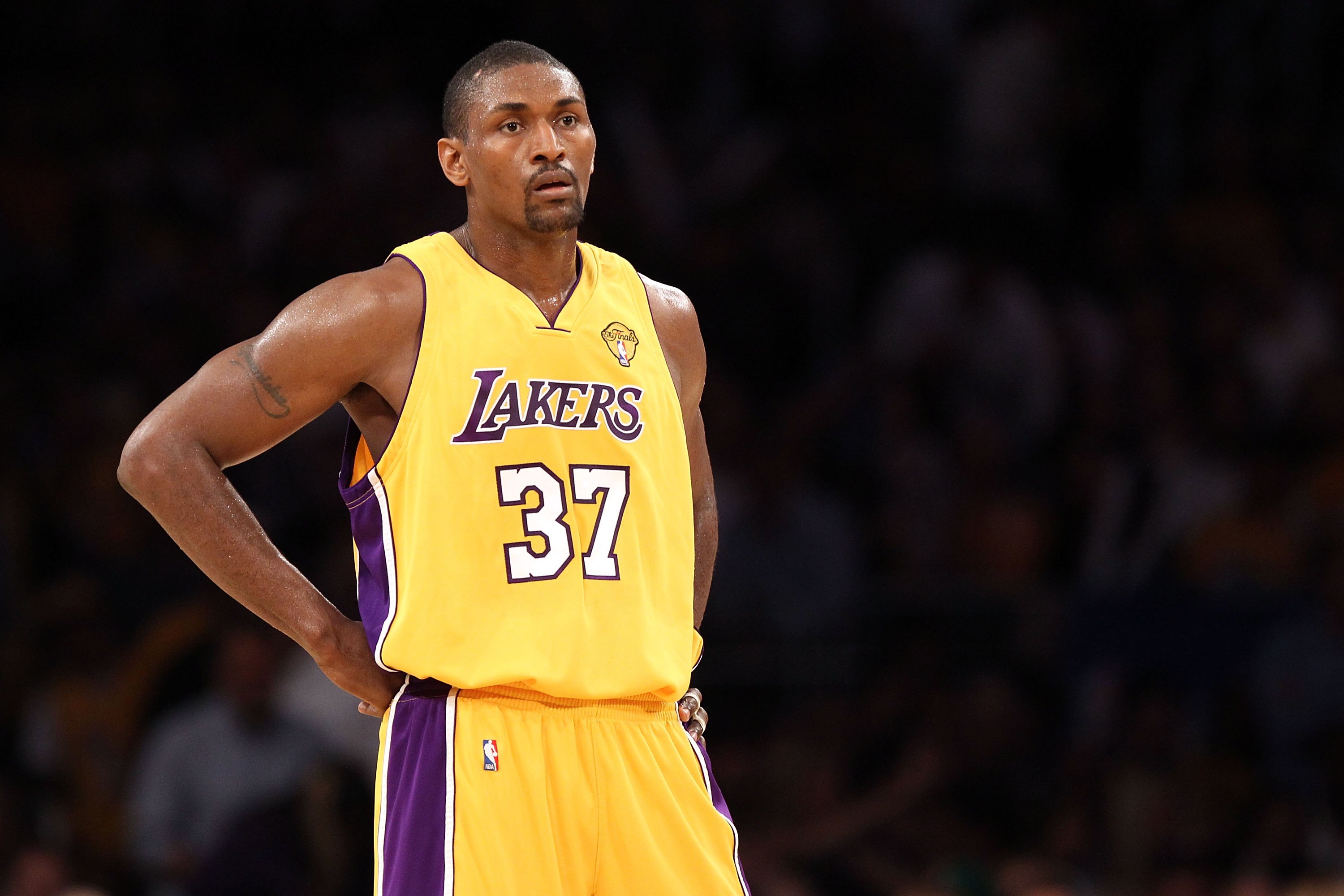LOS ANGELES, CA - JUNE 15:  Ron Artest #37 of the Los Angeles Lakers looks on while taking on the Boston Celtics in Game Six of the 2010 NBA Finals at Staples Center on June 15, 2010 in Los Angeles, California.  NOTE TO USER: User expressly acknowledges a