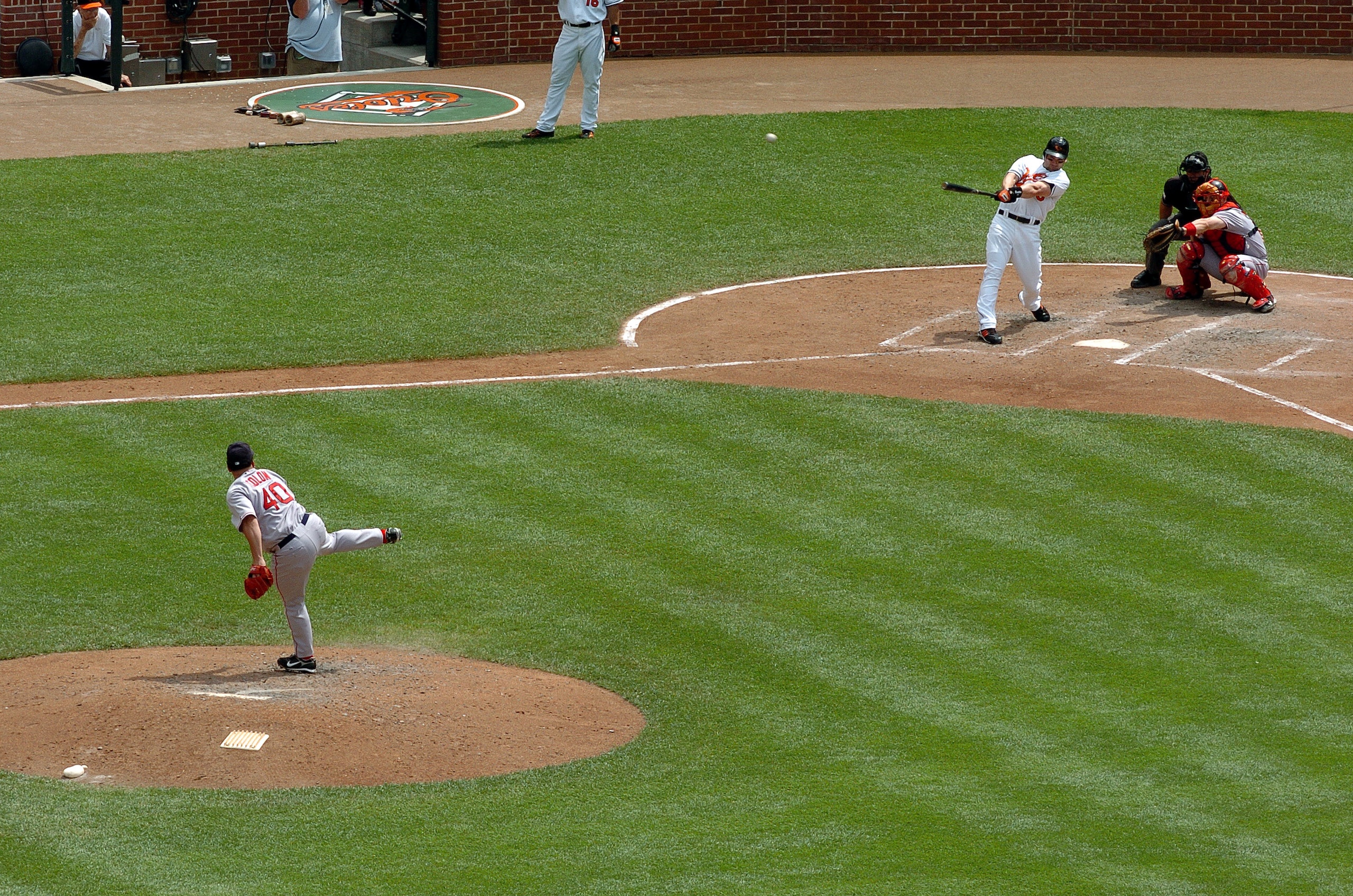 BALTIMORE - JUNE 1:  Luke Scott #30 of the Baltimore Orioles hits a home run off of Bartolo Colon #40 of the Boston Red Sox June 1, 2008 at Camden Yards in Baltimore, Maryland.  (Photo by Greg Fiume/Getty Images)