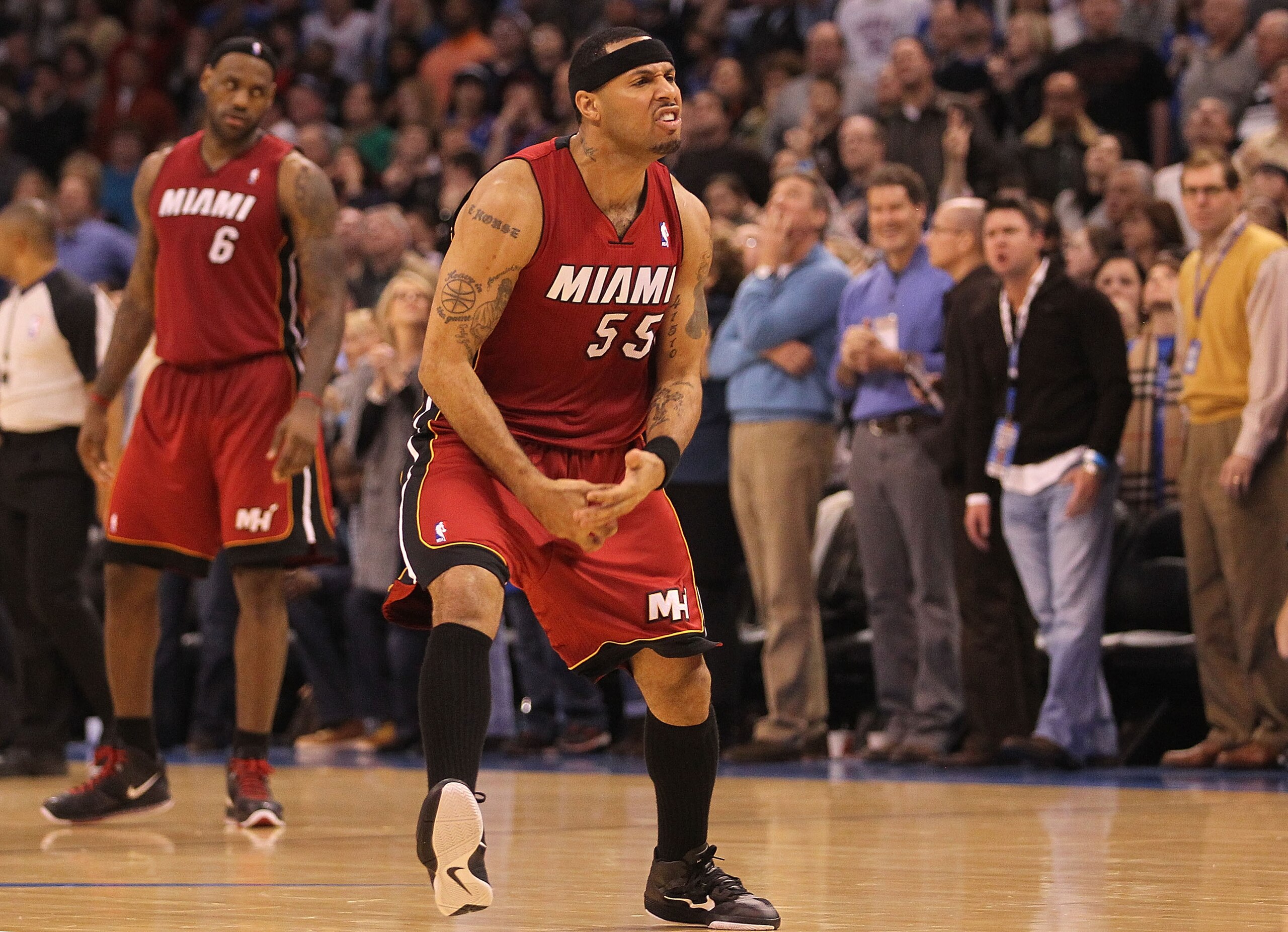 OKLAHOMA CITY, OK - JANUARY 30:  Guard Eddie House #55 of the Miami Heat celebrates after making a three-point shot during a 108-103 win against the Oklahoma City Thunder at Ford Center on January 30, 2011 in Oklahoma City, Oklahoma.  NOTE TO USER: User e