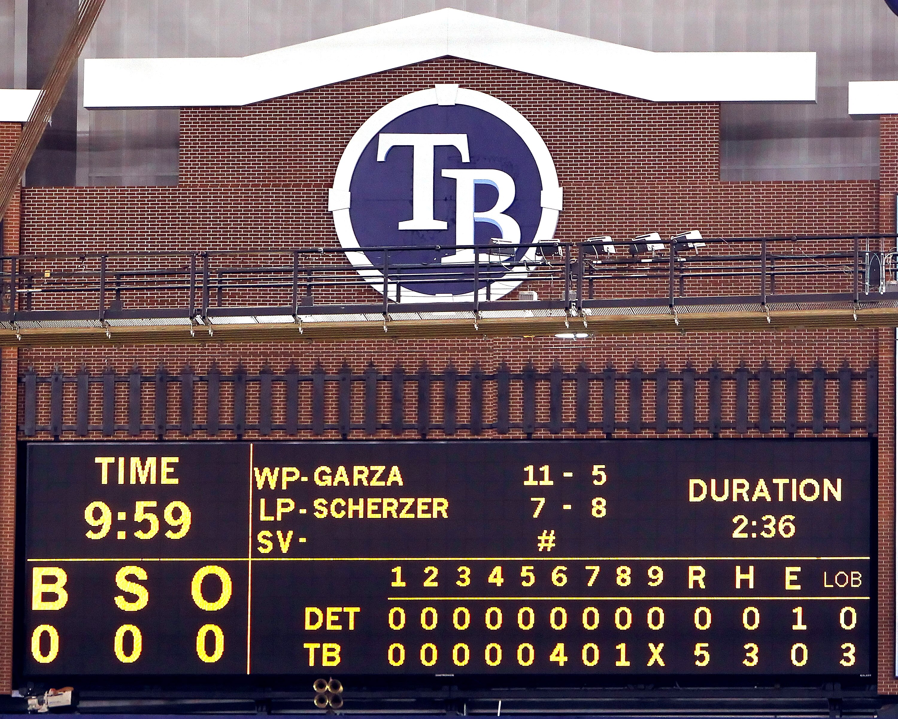 ST. PETERSBURG - JULY 26:  The scoreboard after the game between the Tampa Bay Rays of the Detroit Tigers where Matt Garza #22 threw a no hitter at Tropicana Field on July 26, 2010 in St. Petersburg, Florida. Tampa Bay beat Detroit 5-0.  (Photo by J. Meri