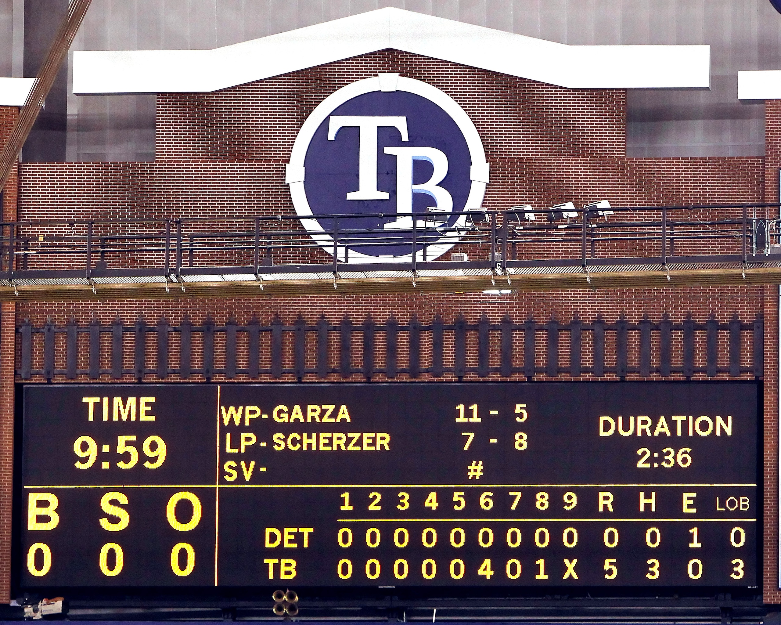 ST. PETERSBURG - JULY 26:  The scoreboard after the game between the Tampa Bay Rays of the Detroit Tigers where Matt Garza #22 threw a no hitter at Tropicana Field on July 26, 2010 in St. Petersburg, Florida. Tampa Bay beat Detroit 5-0.  (Photo by J. Meri