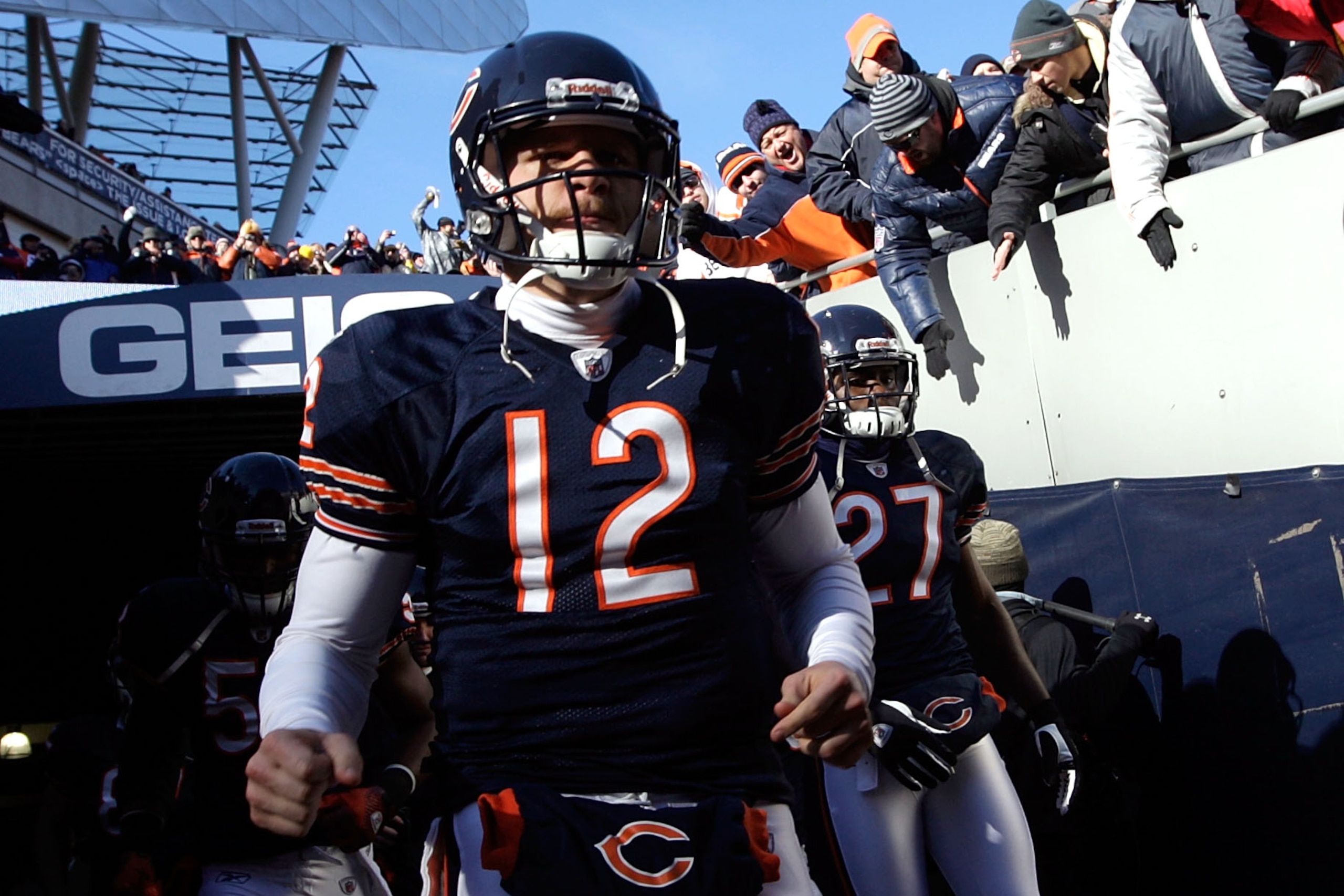 CHICAGO, IL - JANUARY 23: Caleb Hanie #12 of the Chicago Bears runs out of the tunnel to take on the Green Bay Packers during the NFC Championship Game at Soldier Field on January 23, 2011 in Chicago, Illinois. (Photo by Jamie Squire/Getty Images) CHICAGO, IL - JANUARY 23: Caleb Hanie #12 of the Chicago Bears runs out of the tunnel to take on the Green Bay Packers during the NFC Championship Game at Soldier Field on January 23, 2011 in Chicago, Illinois. (Photo by Jamie Squire/Getty Images)