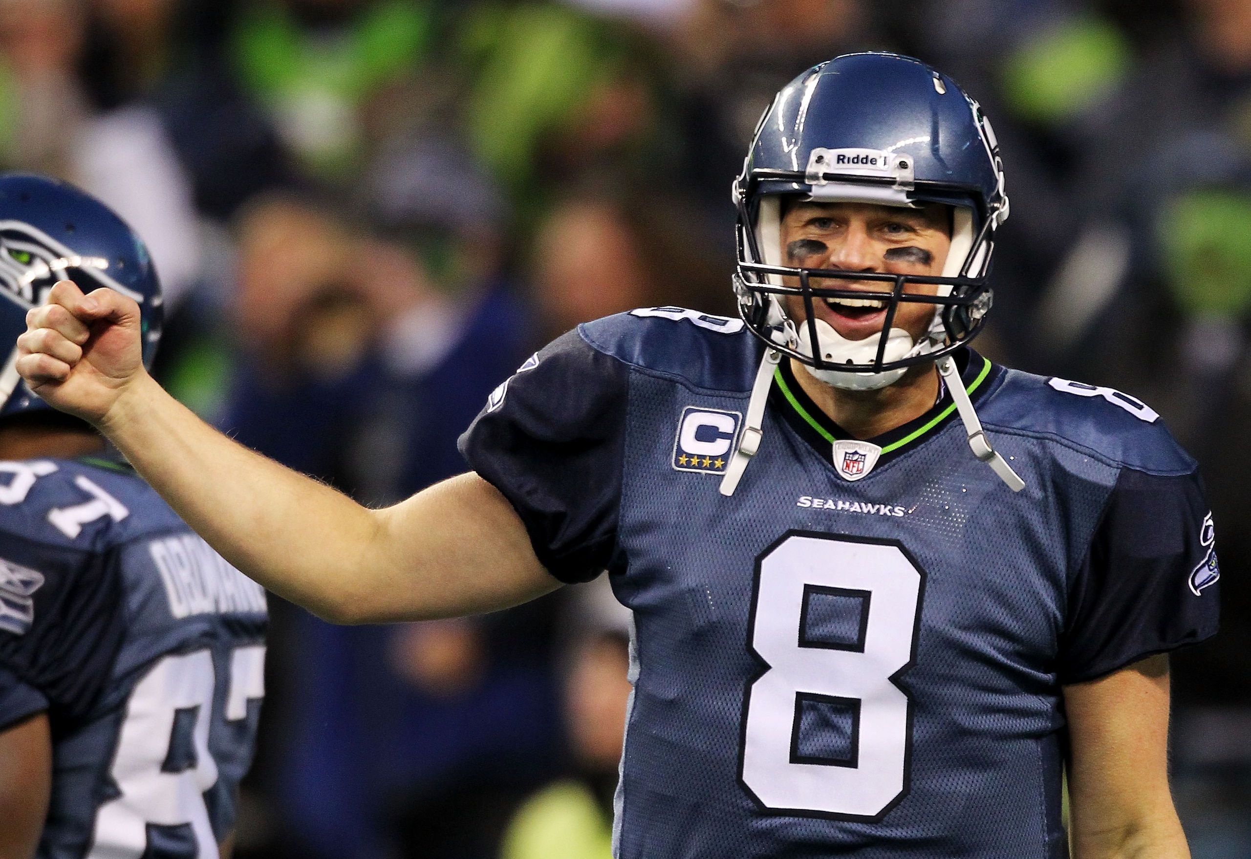 SEATTLE, WA - JANUARY 08: Matt Hasselbeck #8 of the Seattle Seahawks reacts during their game against the New Orleans Saints during the 2011 NFC wild-card playoff game at Qwest Field on January 8, 2011 in Seattle, Washington. (Photo by Otto Greule Jr/Ge SEATTLE, WA - JANUARY 08: Matt Hasselbeck #8 of the Seattle Seahawks reacts during their game against the New Orleans Saints during the 2011 NFC wild-card playoff game at Qwest Field on January 8, 2011 in Seattle, Washington. (Photo by Otto Greule Jr/Ge