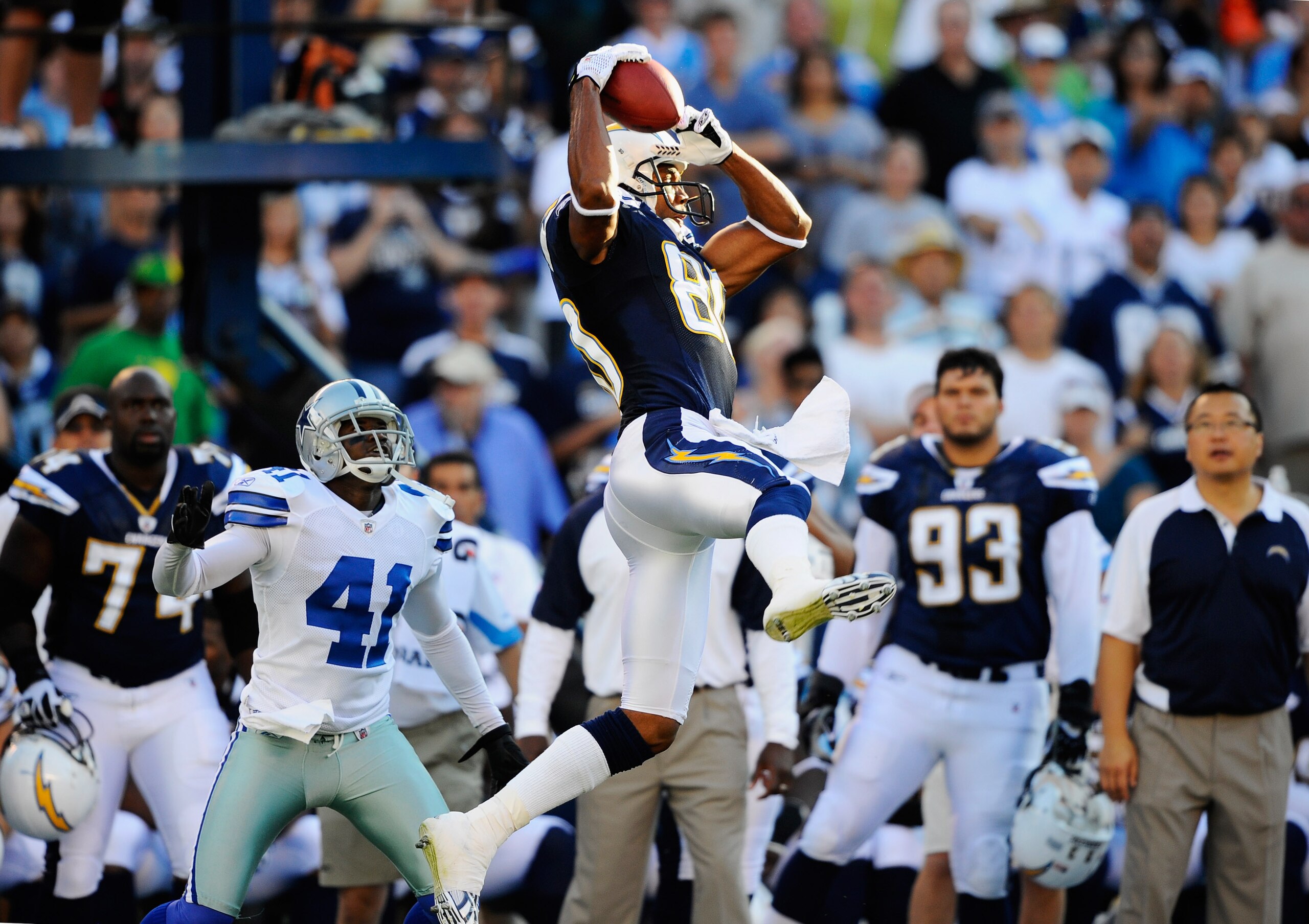 SAN DIEGO - AUGUST 21: Wide receiver Malcolm Floyd #80 of the San Diego Chargers catches a pass against Terence Newman #41 of the Dallas Cowboys during their pre-season NFL football game at Qualcomm Stadium on August 21, 2010 in San Diego, California. ( SAN DIEGO - AUGUST 21: Wide receiver Malcolm Floyd #80 of the San Diego Chargers catches a pass against Terence Newman #41 of the Dallas Cowboys during their pre-season NFL football game at Qualcomm Stadium on August 21, 2010 in San Diego, California. (