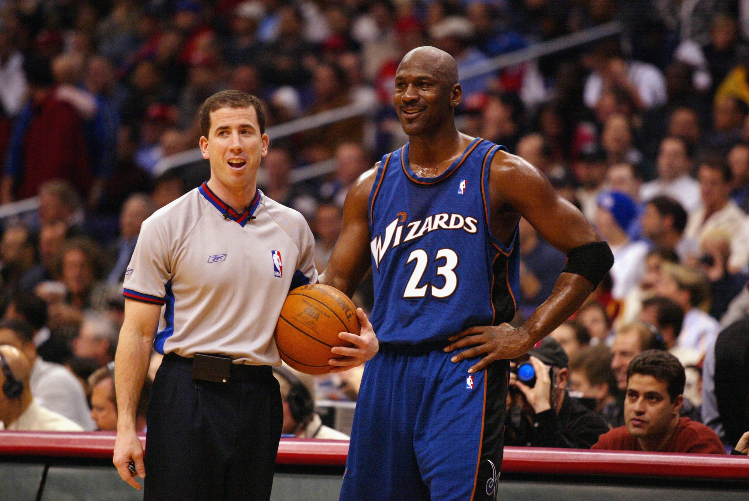 LOS ANGELES - FEBRUARY 12: Michael Jordan #23 of the Washington Wizards talks with referee Tim Donaghy during the game against the Los Angeles Clippers on February 12, 2003 at Staples Center in Los Angeles, California. The Wizards won 108-104. NOTE TO LOS ANGELES - FEBRUARY 12: Michael Jordan #23 of the Washington Wizards talks with referee Tim Donaghy during the game against the Los Angeles Clippers on February 12, 2003 at Staples Center in Los Angeles, California. The Wizards won 108-104. NOTE TO