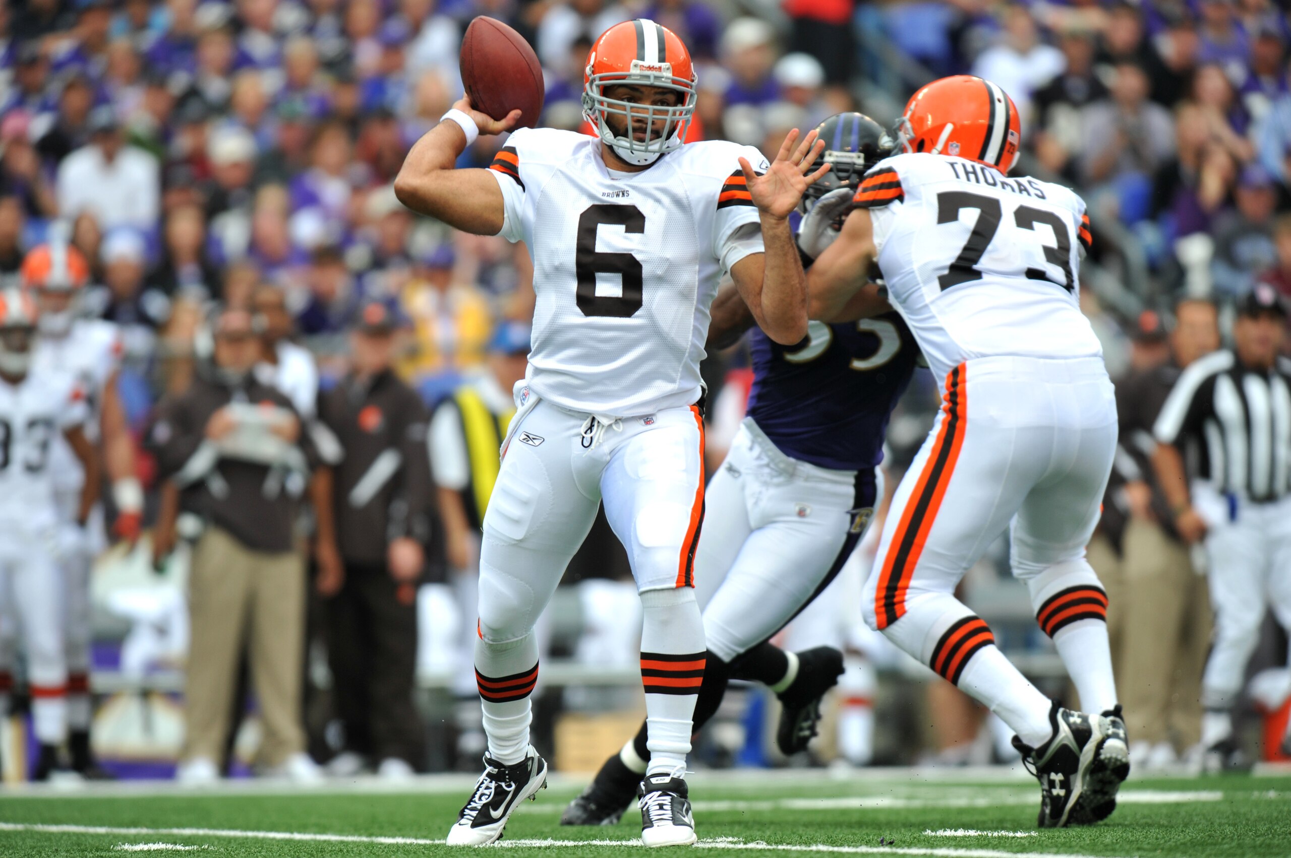 BALTIMORE - SEPTEMBER 26: Seneca Wallace #6 of the Cleveland Browns passes against the Baltimore Ravens at M&T Bank Stadium on September 26, 2010 in Baltimore, Maryland. The Ravens defeated the Browns 24-17. (Photo by Larry French/Getty Images) BALTIMORE - SEPTEMBER 26: Seneca Wallace #6 of the Cleveland Browns passes against the Baltimore Ravens at M&T Bank Stadium on September 26, 2010 in Baltimore, Maryland. The Ravens defeated the Browns 24-17. (Photo by Larry French/Getty Images)