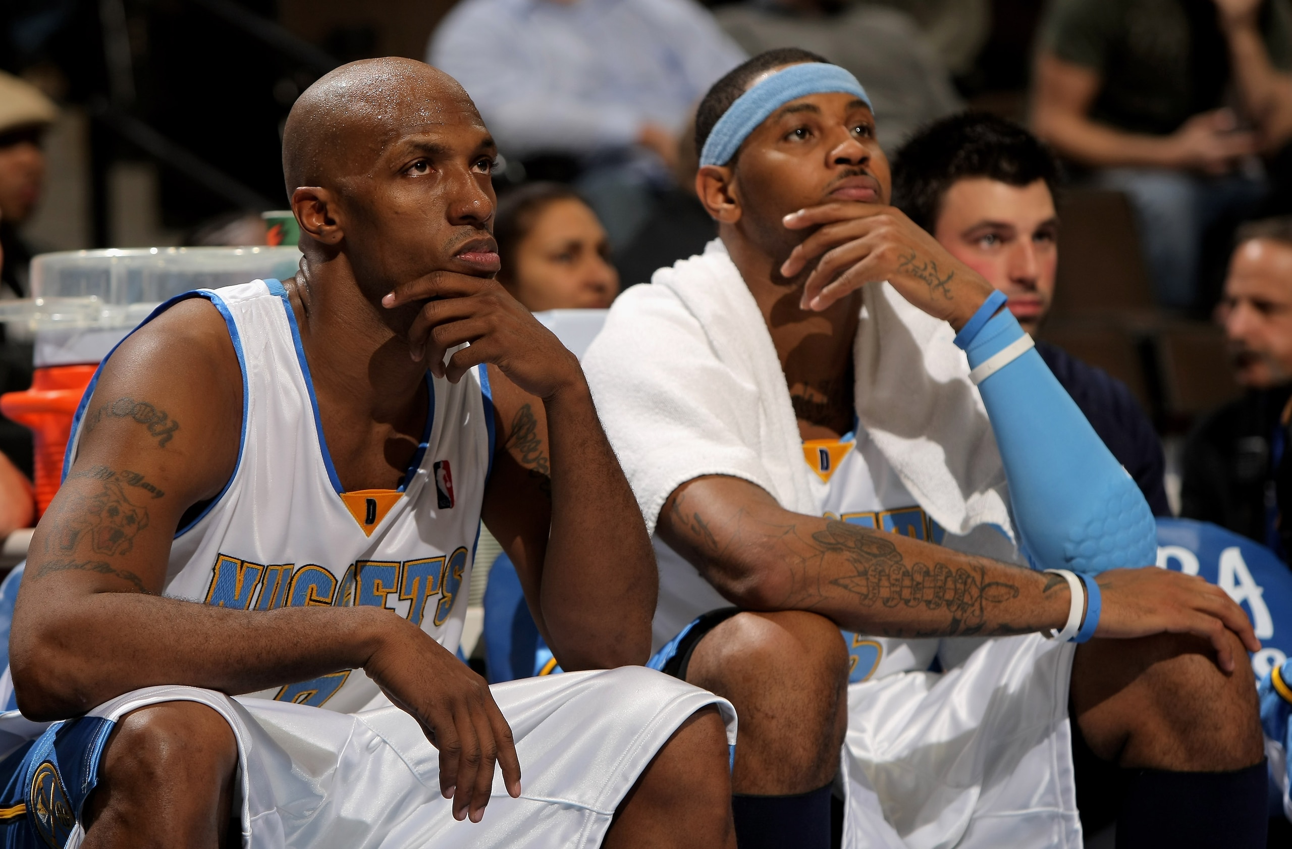 DENVER - DECEMBER 19: Chauncey Billups (L) #7 and Carmelo Anthony #15 of the Denver Nuggets sit on the bench late in the fourth quarter against the Cleveland Cavaliers at the Pepsi Center on December 19, 2008 in Denver, Colorado. NOTE TO USER: User expres
