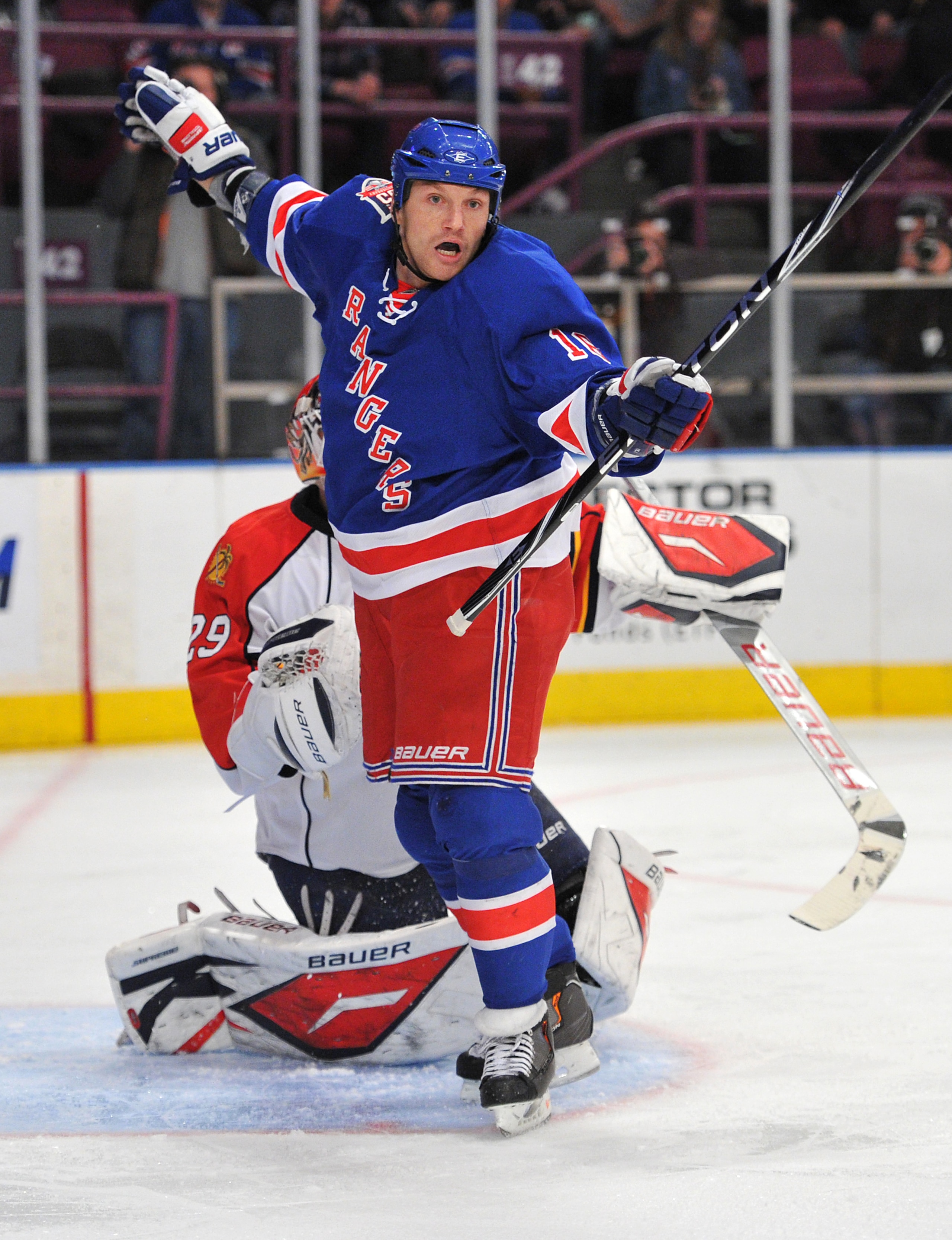 NEW YORK, NY - JANUARY 25: Sean Avery #16 of the New York Rangers reacts after colliding with Tomas Vokoun #29 of the Florida Panthers during the second period at Madison Square Garden on January 25, 2011 in New York City. (Photo by Christopher Pasatieri/ NEW YORK, NY - JANUARY 25: Sean Avery #16 of the New York Rangers reacts after colliding with Tomas Vokoun #29 of the Florida Panthers during the second period at Madison Square Garden on January 25, 2011 in New York City. (Photo by Christopher Pasatieri/