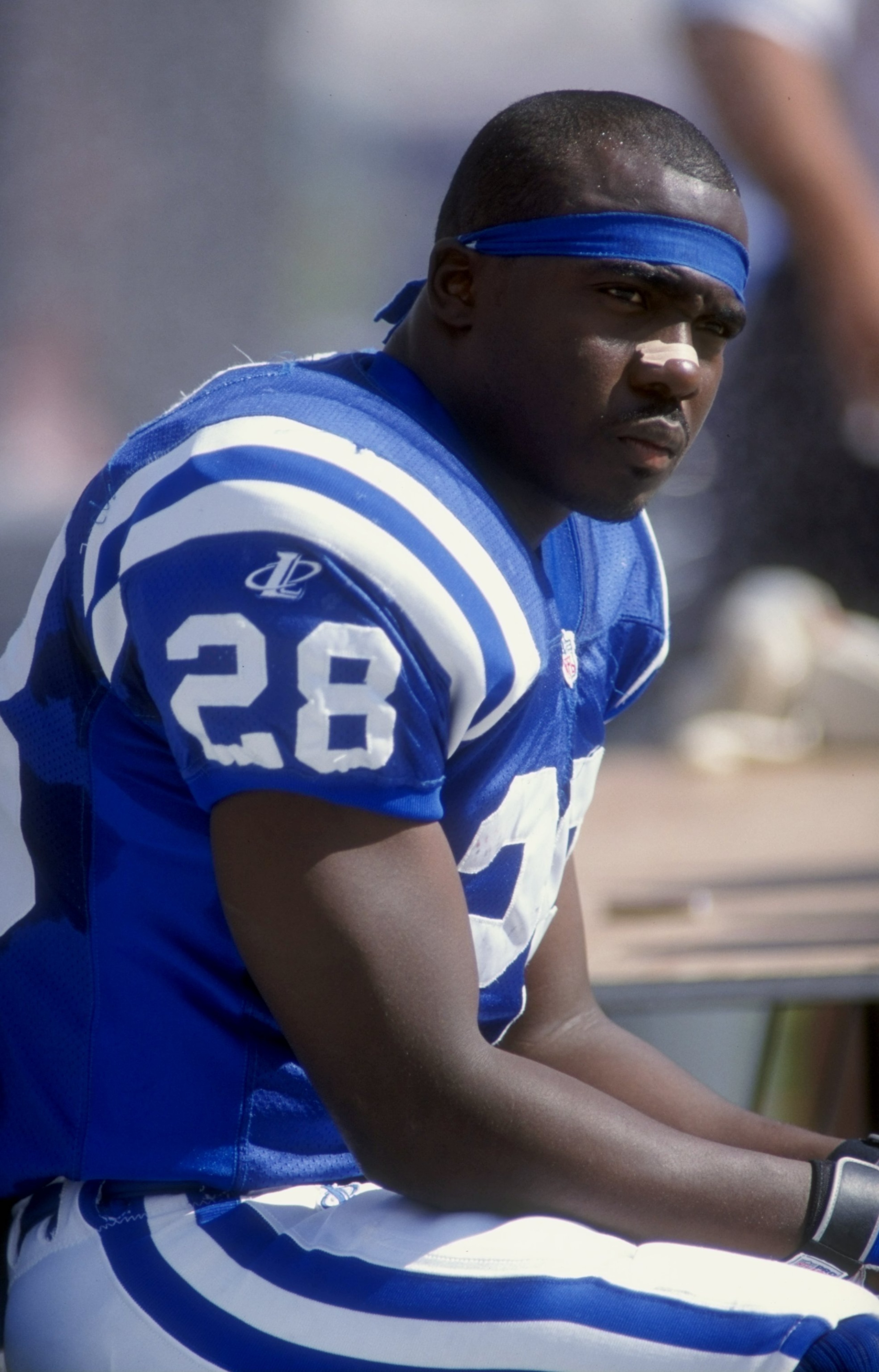 8 Nov 1998:  Running back Marshall Faulk #28 of the Indianapolis Colts looks on during the game against the Miami Dolphins at the Pro Player Stadium in Miami, Florida. The Dolphins defeated the Colts 27-14. Mandatory Credit: Scott Halleran  /Allsport