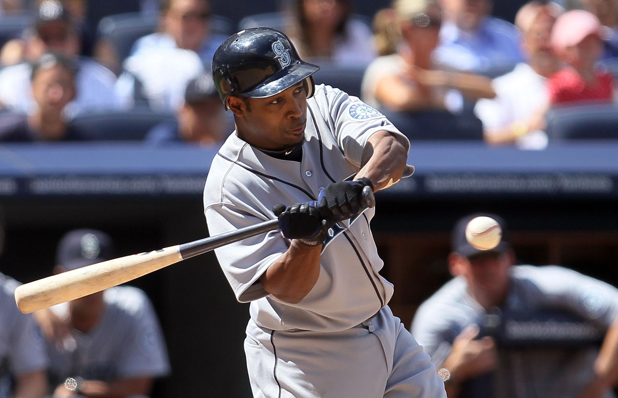 NEW YORK - JULY 01:  Chone Figgins #9 of the Seattle Mariners bats against the New York Yankees on July 1, 2010 at Yankee Stadium in the Bronx borough of New York City. The Yankees defeated the Mariners 4-2.  (Photo by Jim McIsaac/Getty Images)