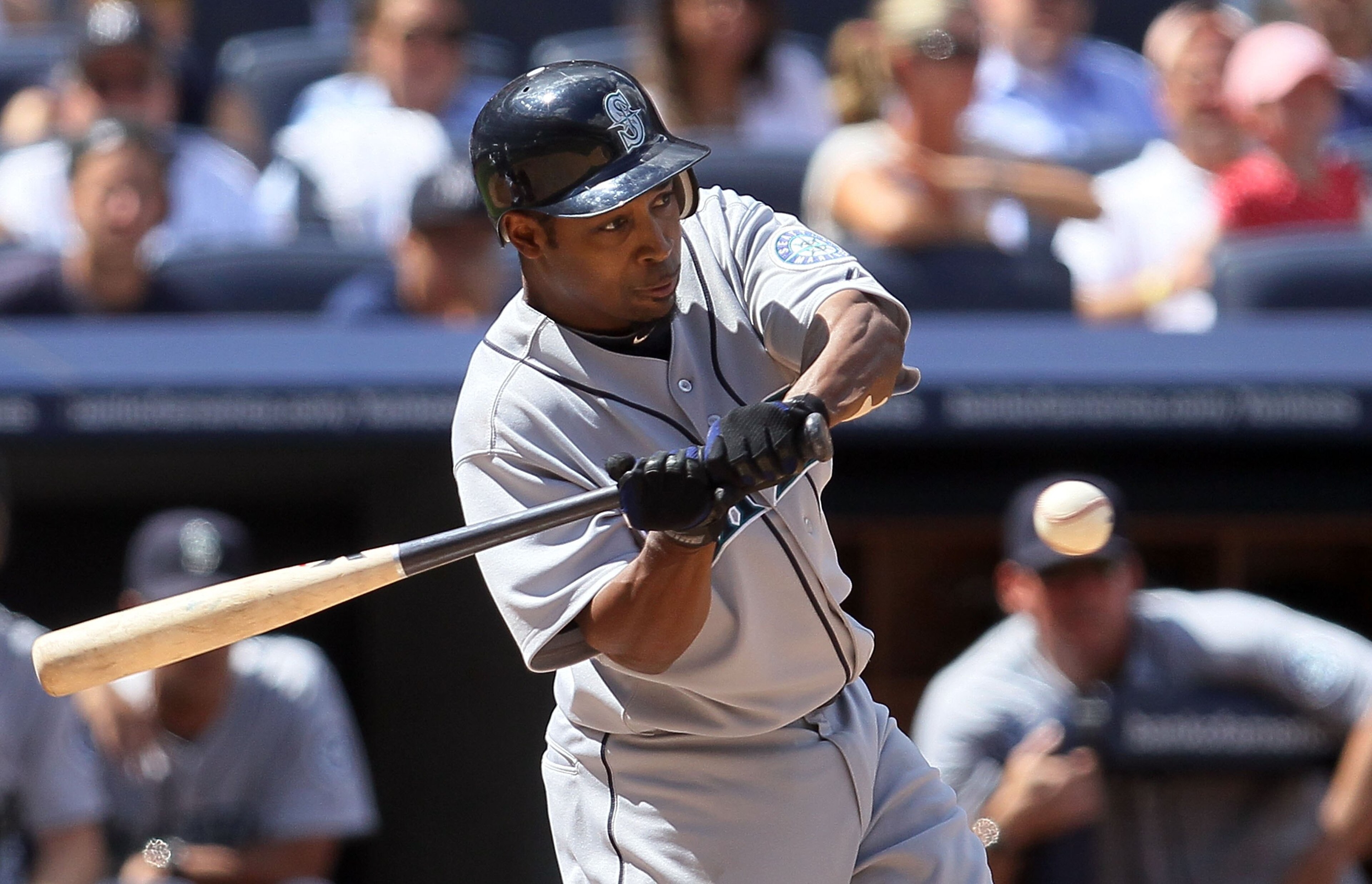 NEW YORK - JULY 01:  Chone Figgins #9 of the Seattle Mariners bats against the New York Yankees on July 1, 2010 at Yankee Stadium in the Bronx borough of New York City. The Yankees defeated the Mariners 4-2.  (Photo by Jim McIsaac/Getty Images)