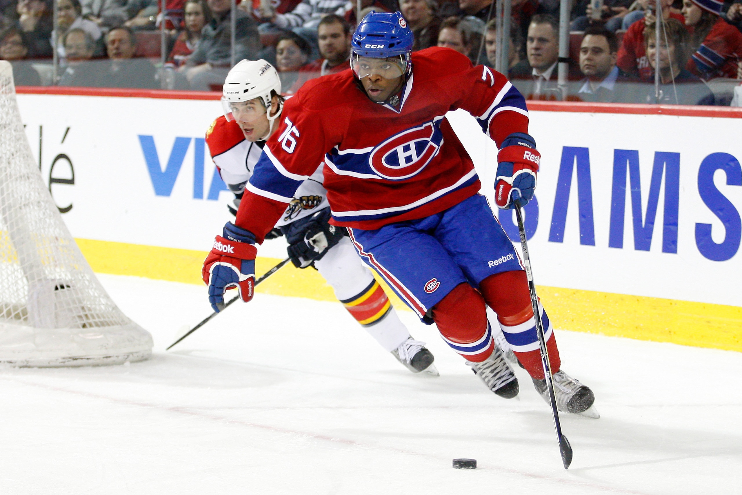 MONTREAL, CANADA - FEBRUARY 2: P.K. Subban #76 of the Montreal Canadiens skates with the puck during the NHL game against the Florida Panthers at the Bell Centre on February 2, 2011 in Montreal, Quebec, Canada. The Canadiens defeated the Panthers 3-2. MONTREAL, CANADA - FEBRUARY 2: P.K. Subban #76 of the Montreal Canadiens skates with the puck during the NHL game against the Florida Panthers at the Bell Centre on February 2, 2011 in Montreal, Quebec, Canada. The Canadiens defeated the Panthers 3-2.
