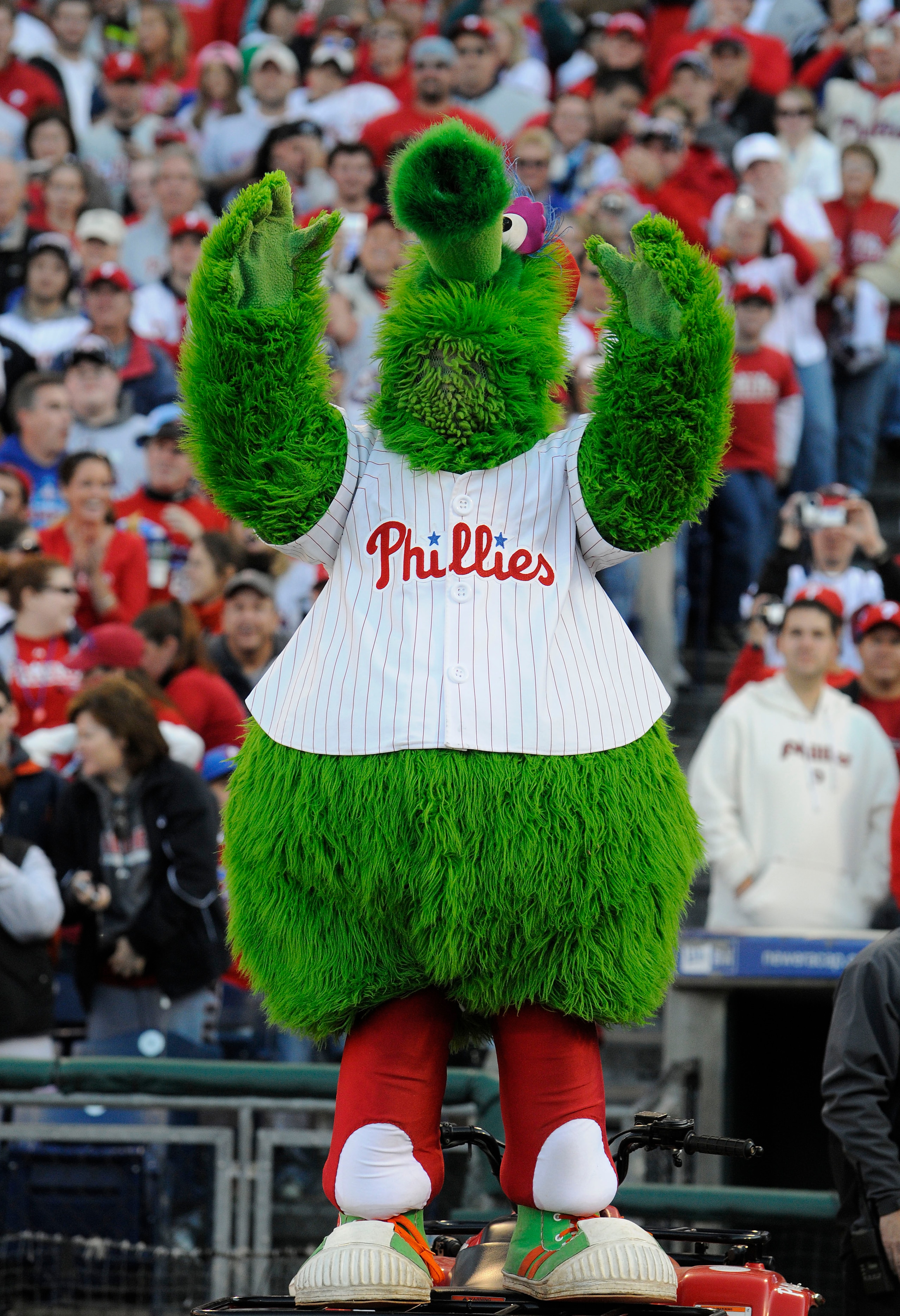 PHILADELPHIA, PA - OCTOBER 31: The Phillie Phanatic celebrates at a victory rally at Citizens Bank Park October 31, 2008 in Philadelphia, Pennsylvania. The Phillies defeated the Tampa Bay  Rays to win their first World Series in 28 years. (Photo by Jeff F