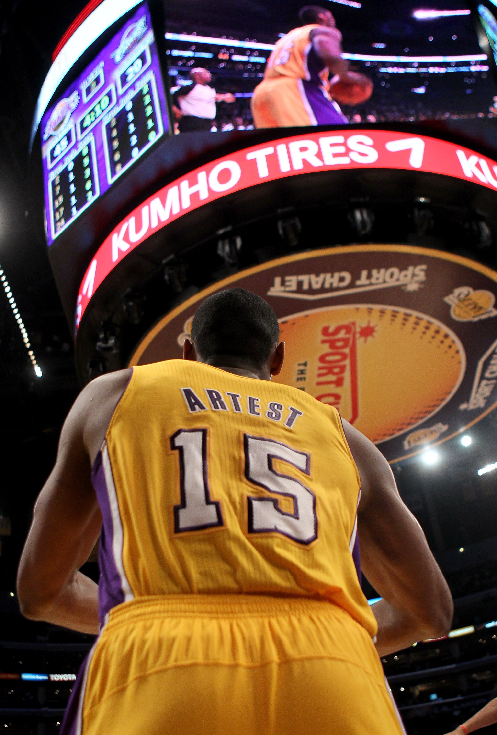 LOS ANGELES, CA - JANUARY 11:  Ron  Artest #15 of the Los Angeles Lakers inbounds the ball against the Cleveland Cavaliers at Staples Center on January 11, 2011 in Los Angeles, California.  The Lakers won 112-57.  NOTE TO USER: User expressly acknowledges