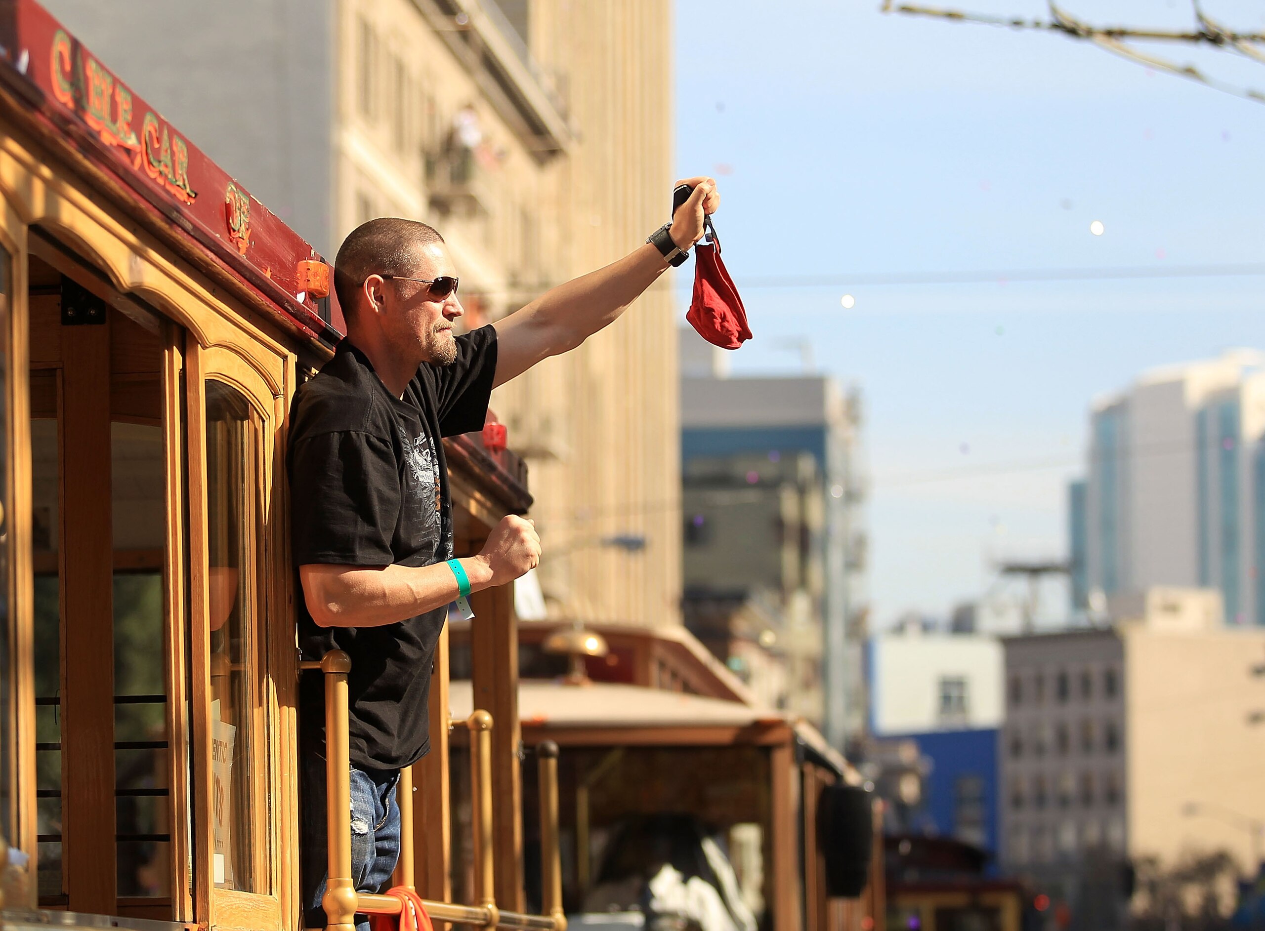 SAN FRANCISCO - NOVEMBER 03:  Aubrey Huff of the San Francisco Giants waves his red rally thong during the San Francisco Giants victory parade on November 3, 2010 in San Francisco, California.  (Photo by Ezra Shaw/Getty Images)