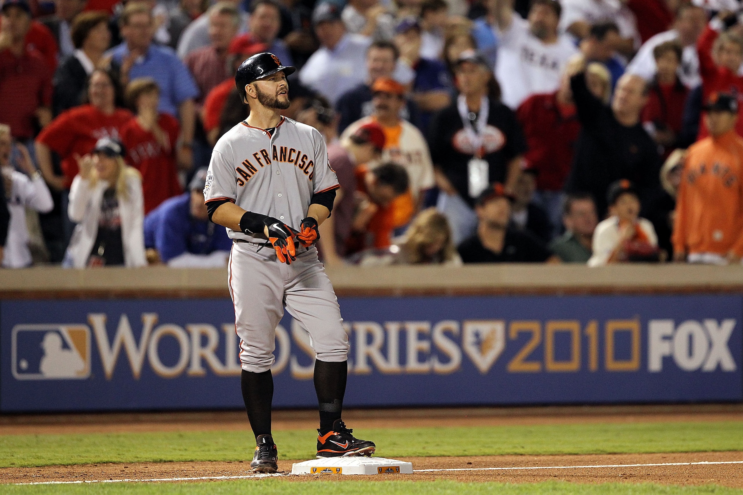 ARLINGTON, TX - NOVEMBER 01:  Cody Ross #13 of the San Francisco Giants stands on third base in the seventh inning against the Texas Rangers in Game Five of the 2010 MLB World Series at Rangers Ballpark in Arlington on November 1, 2010 in Arlington, Texas