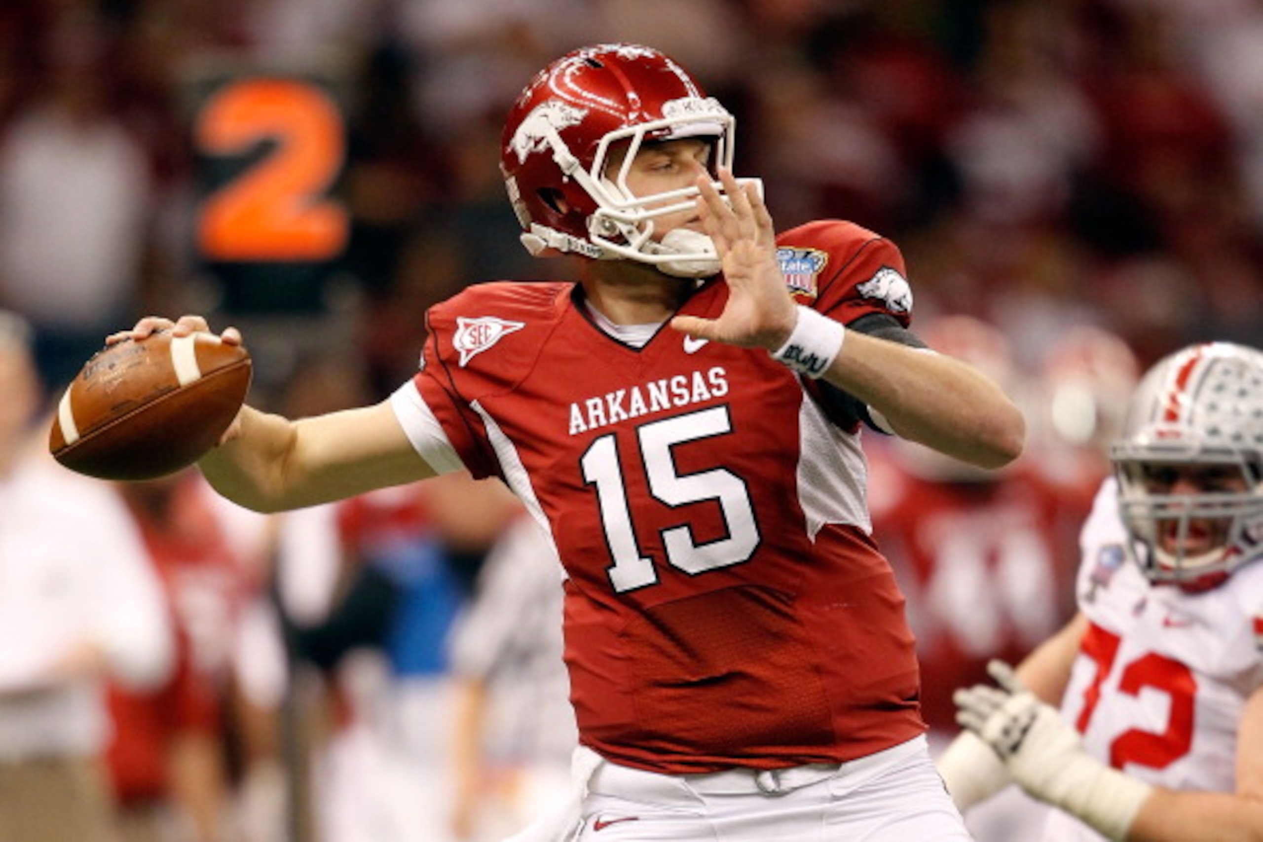 NEW ORLEANS, LA - JANUARY 04:  Quarterback Ryan Mallett #15 of the Arkansas Razorbacks looks to pass against the Ohio State Buckeyes during the Allstate Sugar Bowl at the Louisiana Superdome on January 4, 2011 in New Orleans, Louisiana.  (Photo by Matthew
