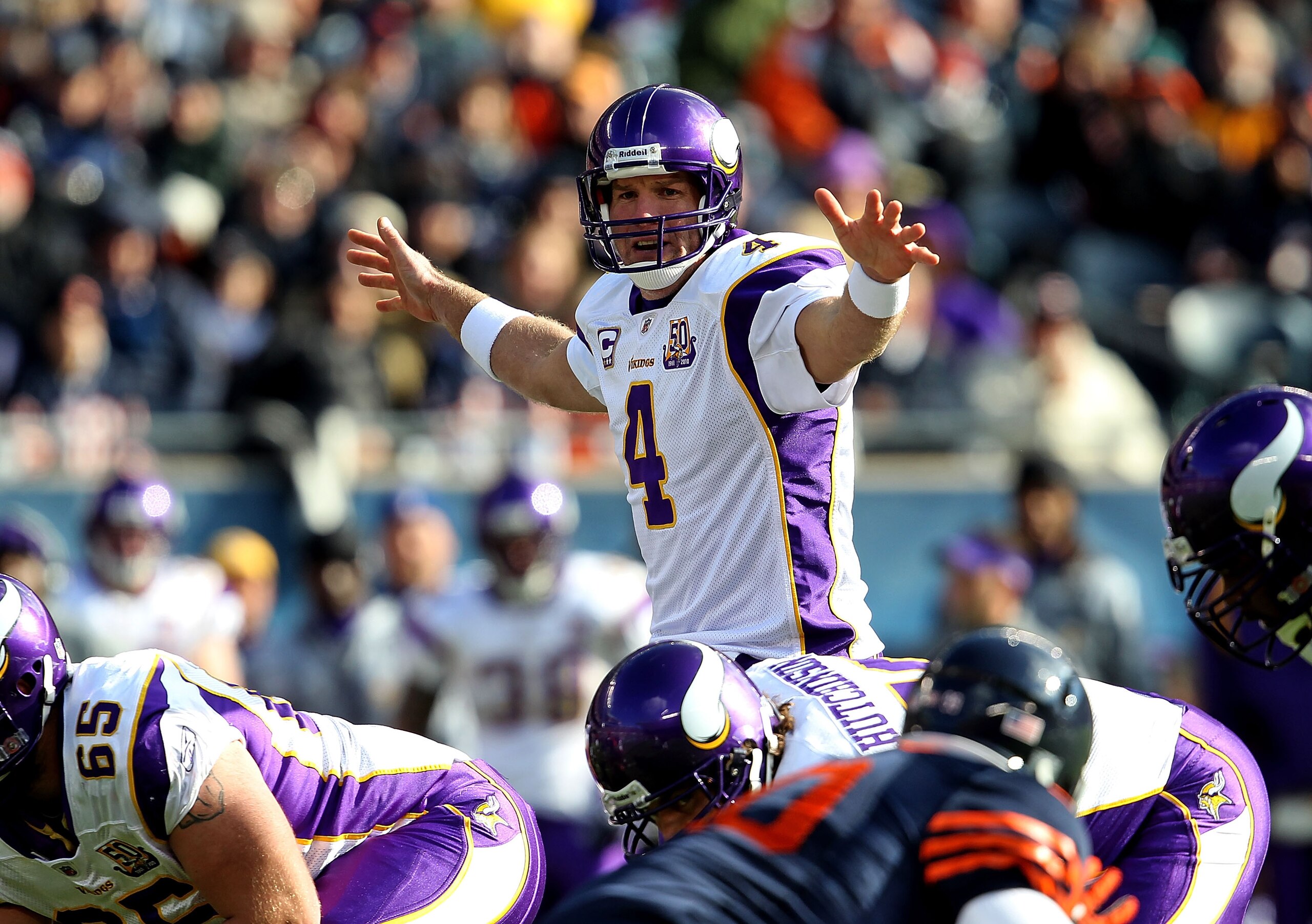 CHICAGO - NOVEMBER 14: Brett Favre #4 of the Minnesota Vikings looks over the Chicago Bear defense before taking the snap at Soldier Field on November 14, 2010 in Chicago, Illinois. The Bears defeated the Vikings 27-13. (Photo by Jonathan Daniel/Getty Ima CHICAGO - NOVEMBER 14: Brett Favre #4 of the Minnesota Vikings looks over the Chicago Bear defense before taking the snap at Soldier Field on November 14, 2010 in Chicago, Illinois. The Bears defeated the Vikings 27-13. (Photo by Jonathan Daniel/Getty Ima