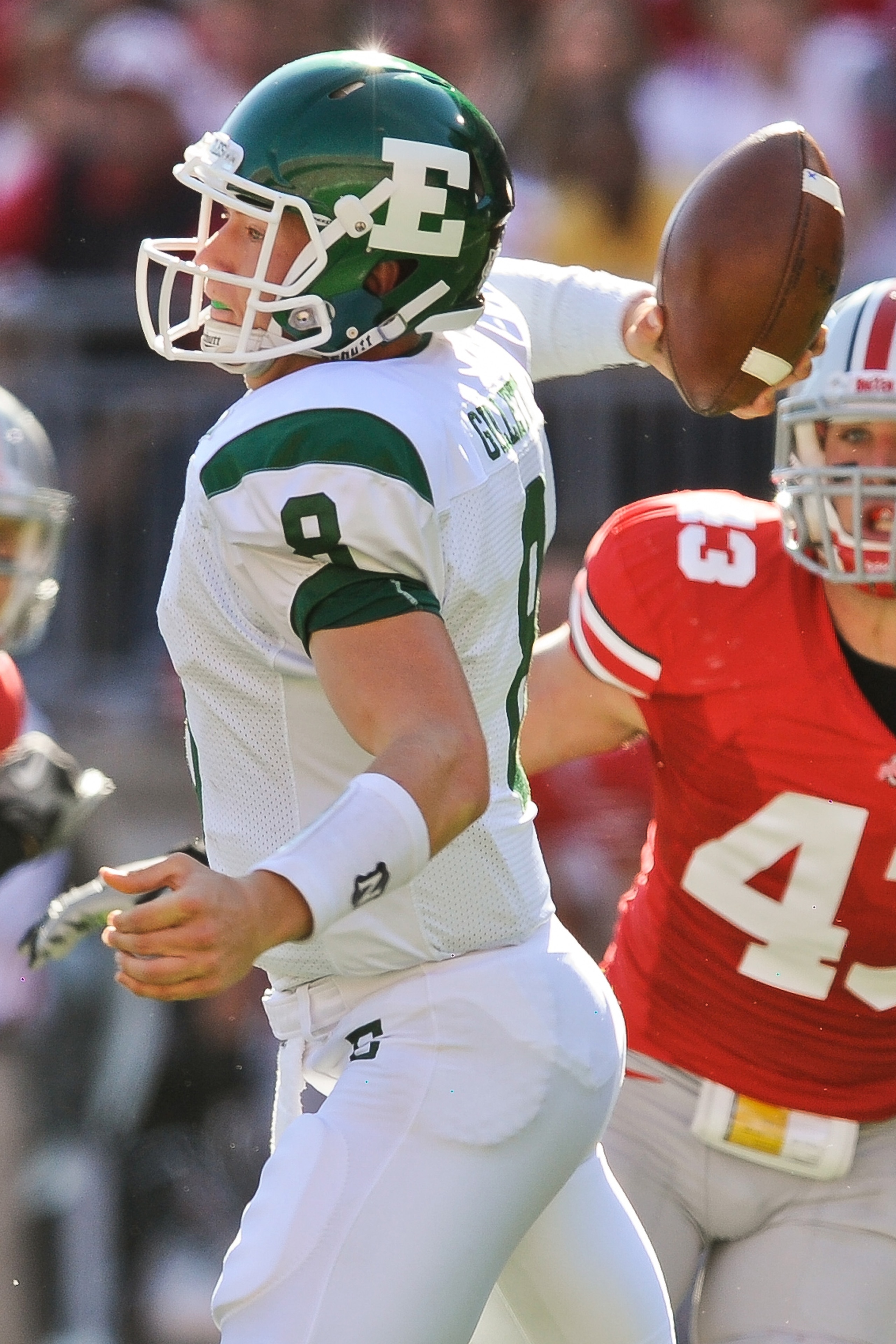 COLUMBUS, OH - SEPTEMBER 25:  Quarterback Alex Gillett #8 of the Eastern Michigan Eagles passes against the Ohio State Buckeyes at Ohio Stadium on September 25, 2010 in Columbus, Ohio.  Ohio State won 73-20. (Photo by Jamie Sabau/Getty Images)