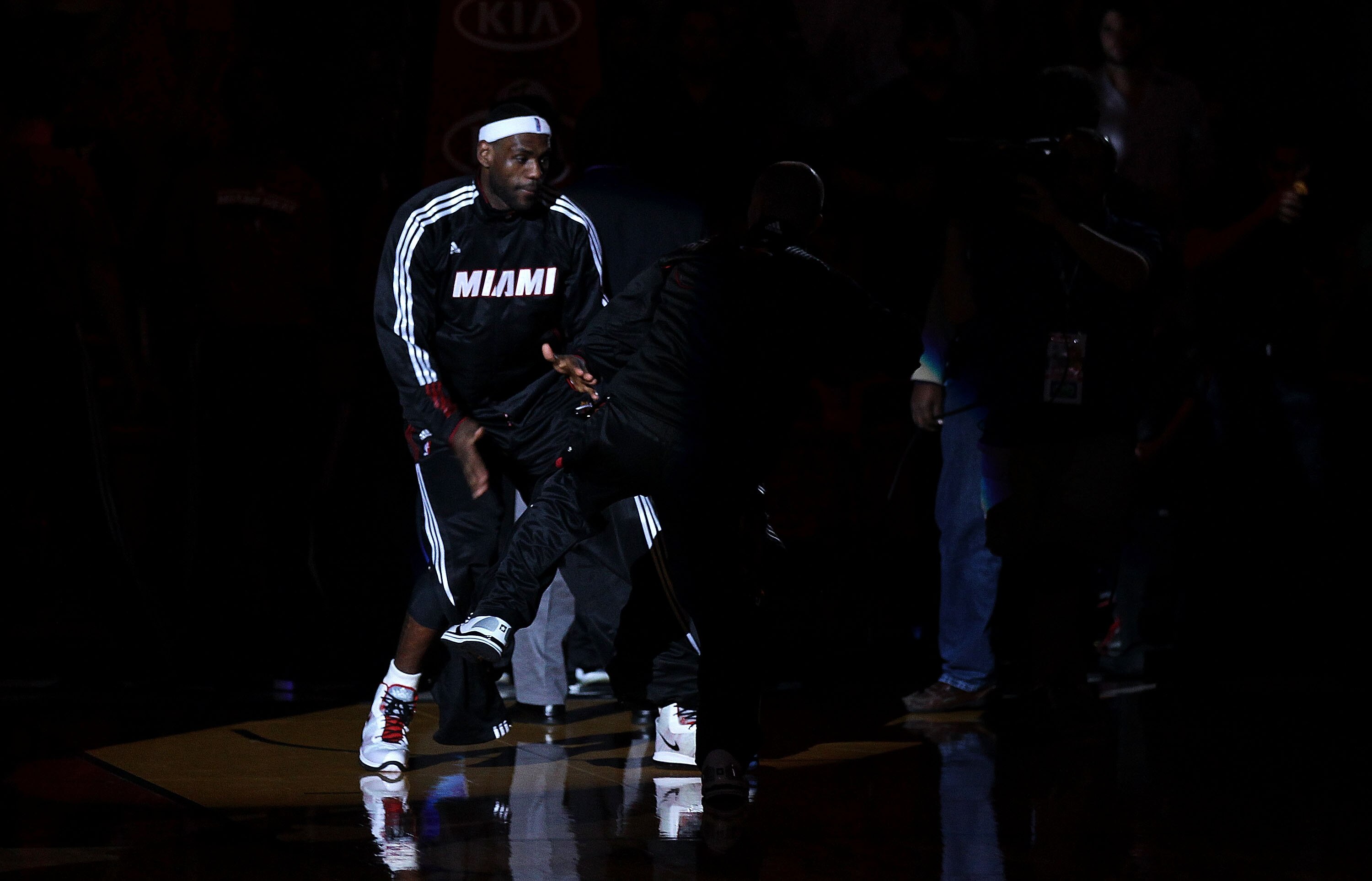 MIAMI, FL - FEBRUARY 08:  LeBron James #6 of the Miami Heat is announced during a game against the Indiana Pacers at American Airlines Arena on February 8, 2011 in Miami, Florida. NOTE TO USER: User expressly acknowledges and agrees that, by downloading a