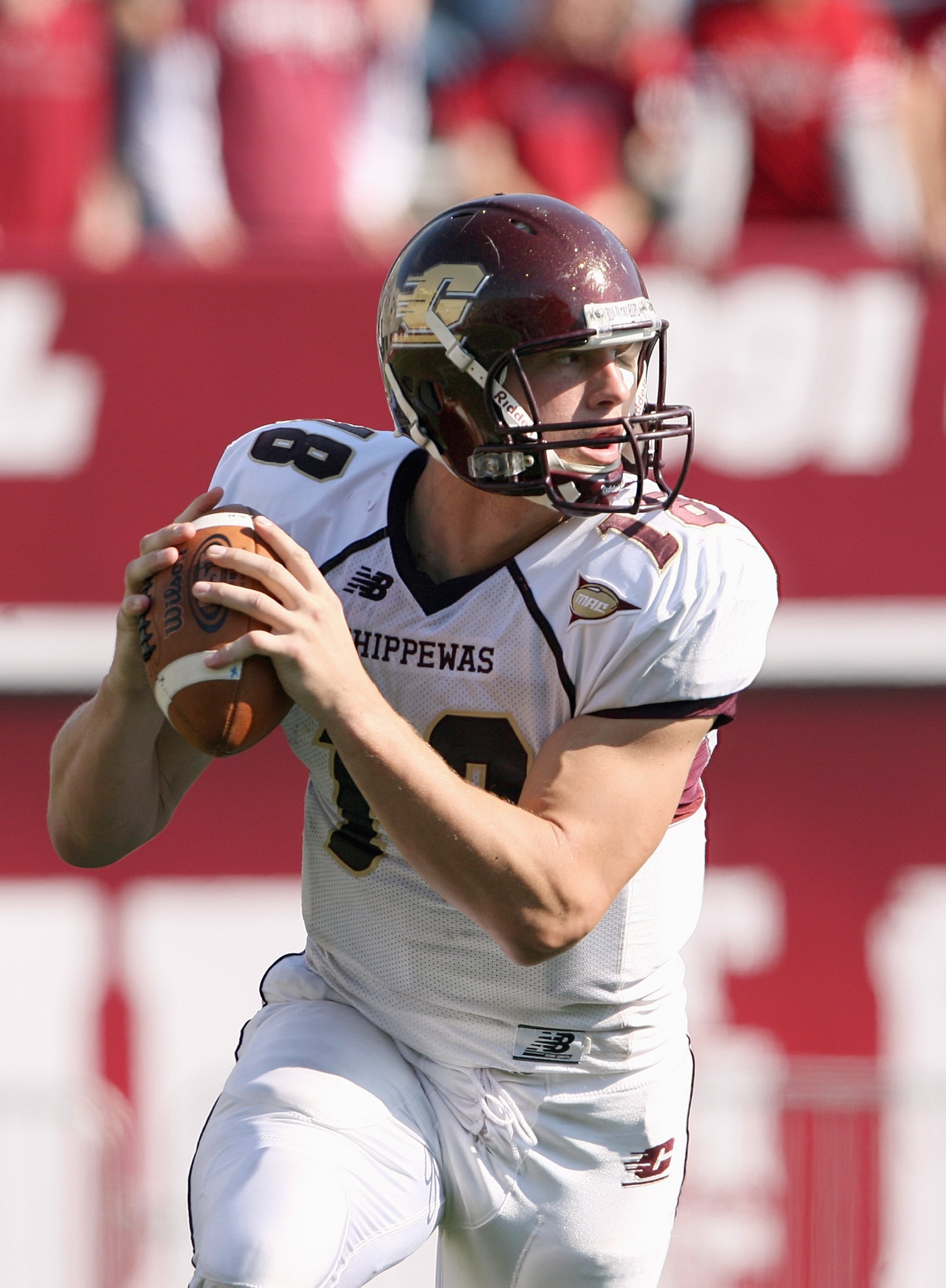 BLOOMINGTON, IN - NOVEMBER 01:  Quarterback Brian Brunner #18 of the Central Michigan Chippewas moves to pass the ball during the game against the Indiana Hooisers at Memorial Stadium on November 1, 2008 in Bloomington, Indiana.  (Photo by Andy Lyons/Gett