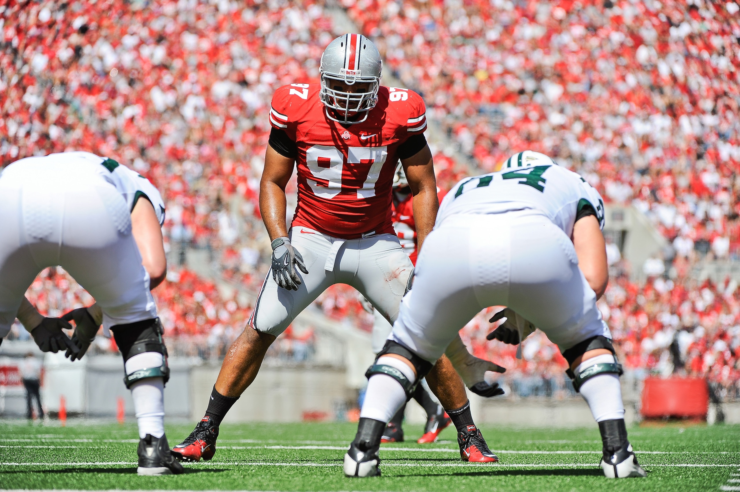 COLUMBUS, OH - SEPTEMBER 18:  Cameron Heyward #97 of the Ohio State Buckeyes lines up against the Ohio Bobcats at Ohio Stadium on September 18, 2010 in Columbus, Ohio.  (Photo by Jamie Sabau/Getty Images)