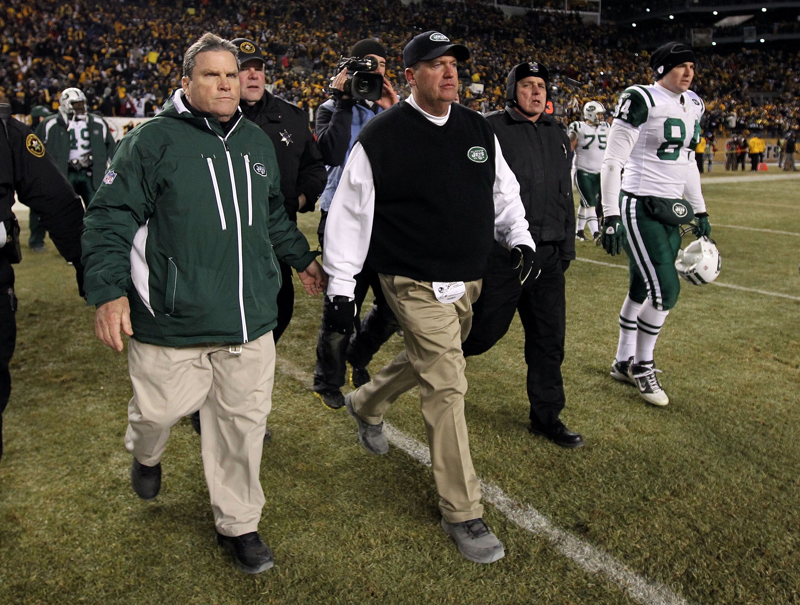 PITTSBURGH, PA - JANUARY 23:  Head coach Rex Ryan of the New York Jets walks off of the field dejected after their 24 to 19 loss to the Pittsburgh Steelers in the 2011 AFC Championship game at Heinz Field on January 23, 2011 in Pittsburgh, Pennsylvania.