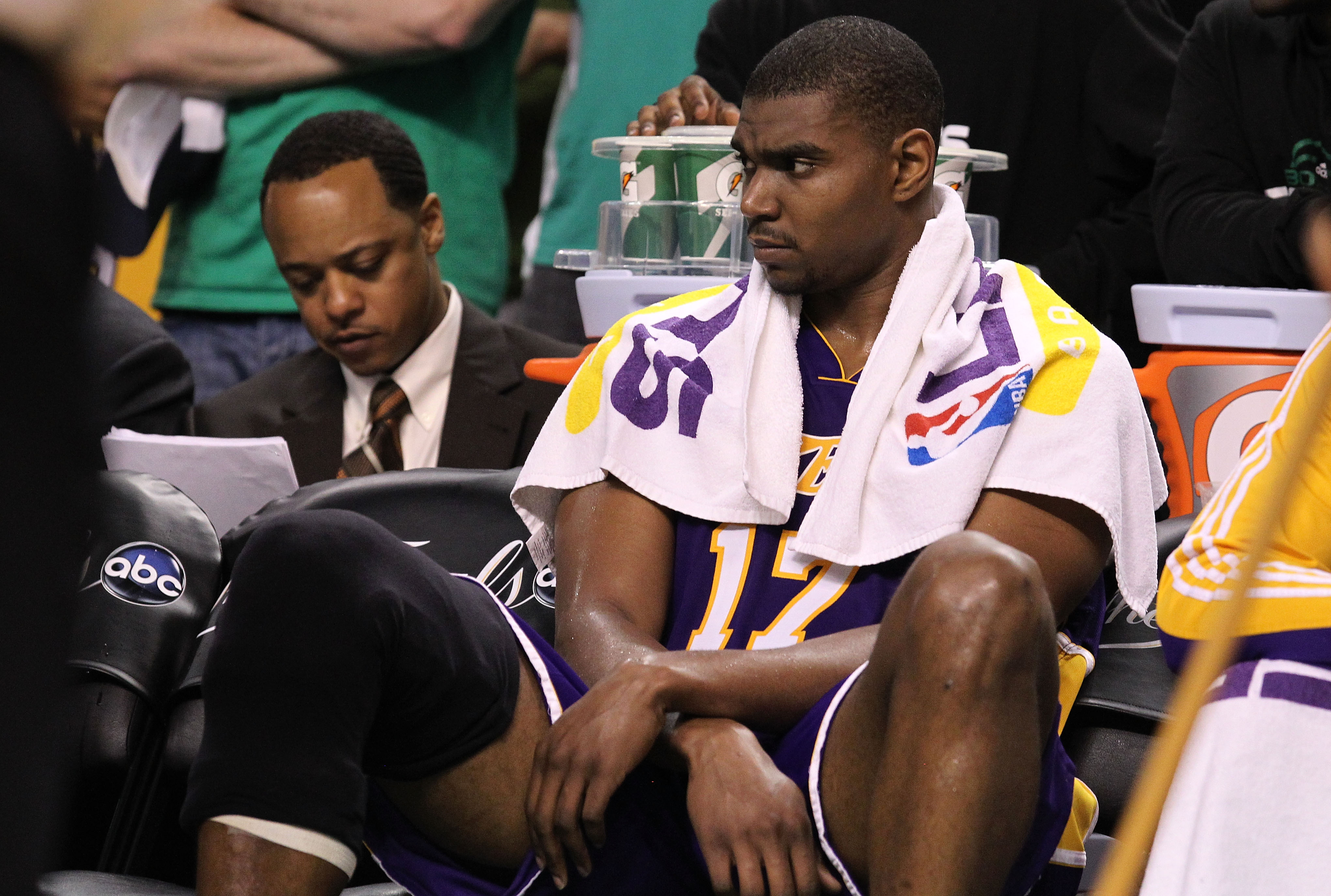 BOSTON - JUNE 13:  Andrew Bynum #17 of the Los Angeles Lakers looks on from the bench in the second half against the Boston Celtics during Game Five of the 2010 NBA Finals on June 13, 2010 at TD Garden in Boston, Massachusetts. NOTE TO USER: User expressl