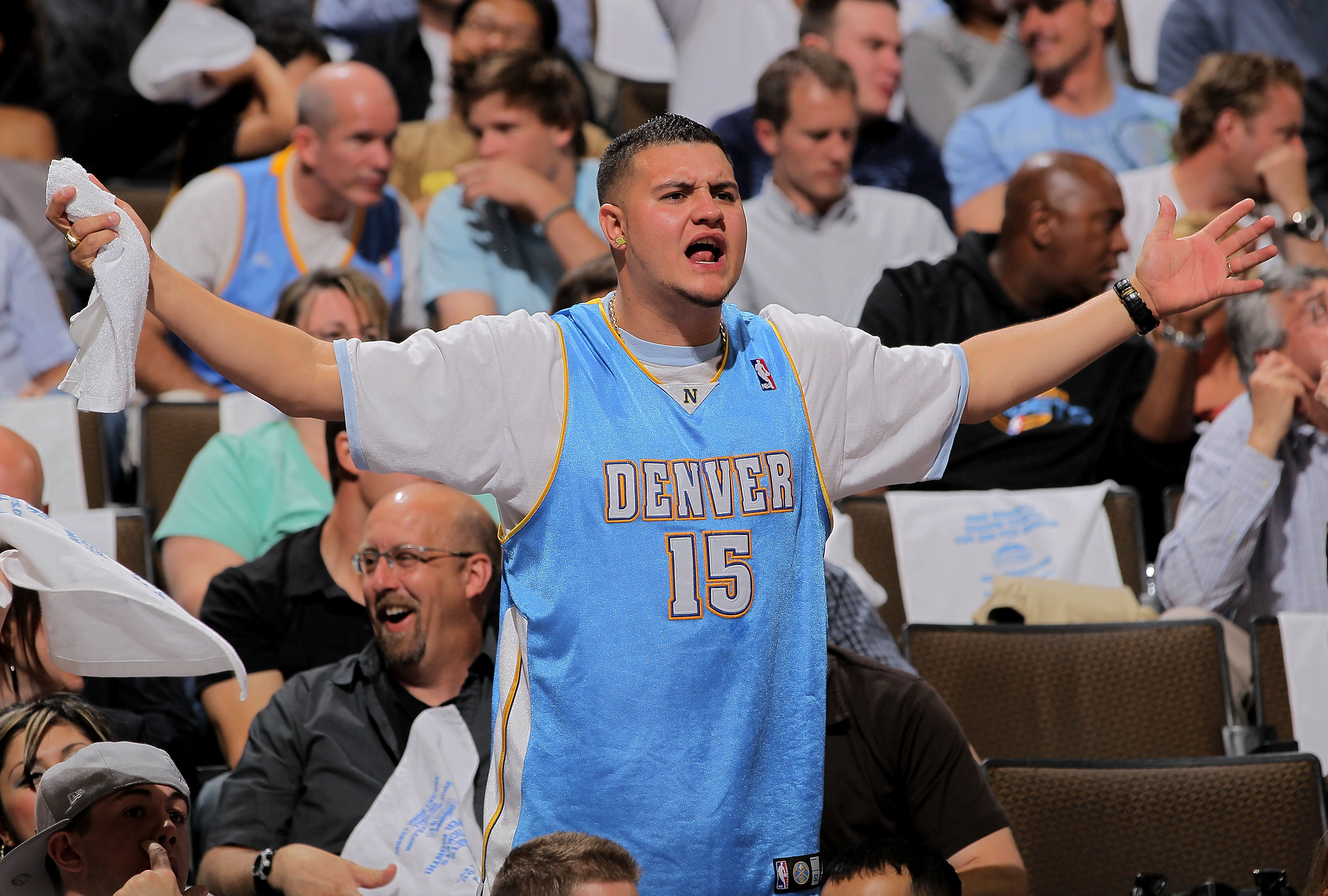 DENVER - APRIL 28:  A Denver Nuggets fan reacts during action against the Utah Jazz in Game Five of the Western Conference Quarterfinals of the 2010 NBA Playoffs at the Pepsi Center on April 28, 2010 in Denver, Colorado. NOTE TO USER: User expressly ackno