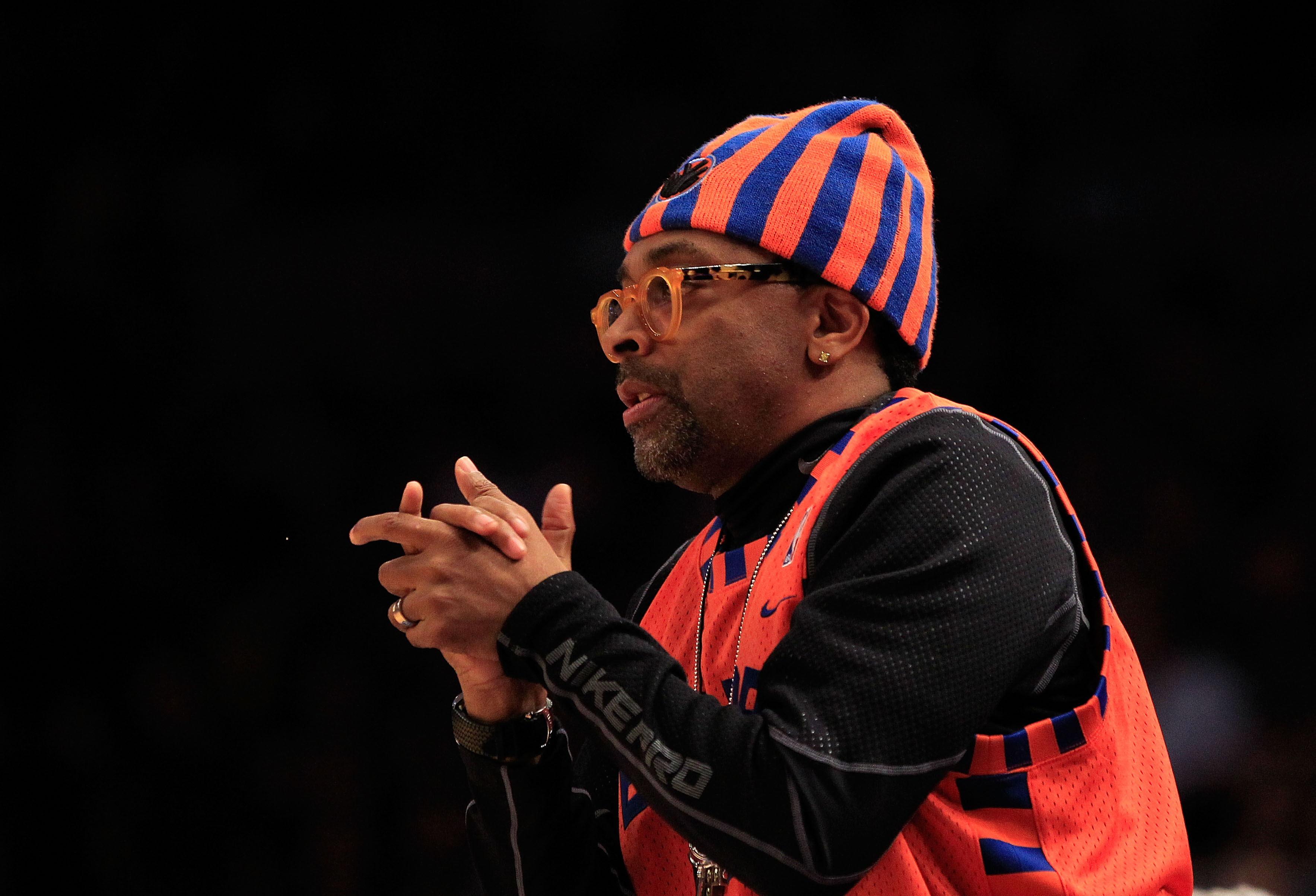 NEW YORK, NY - JANUARY 24: Film director Spike Lee  watches the game between the Washington Wizards and the New York Knicks at Madison Square Garden on January 24, 2011 in New York City. NOTE TO USER: User expressly acknowledges and agrees that, by downlo