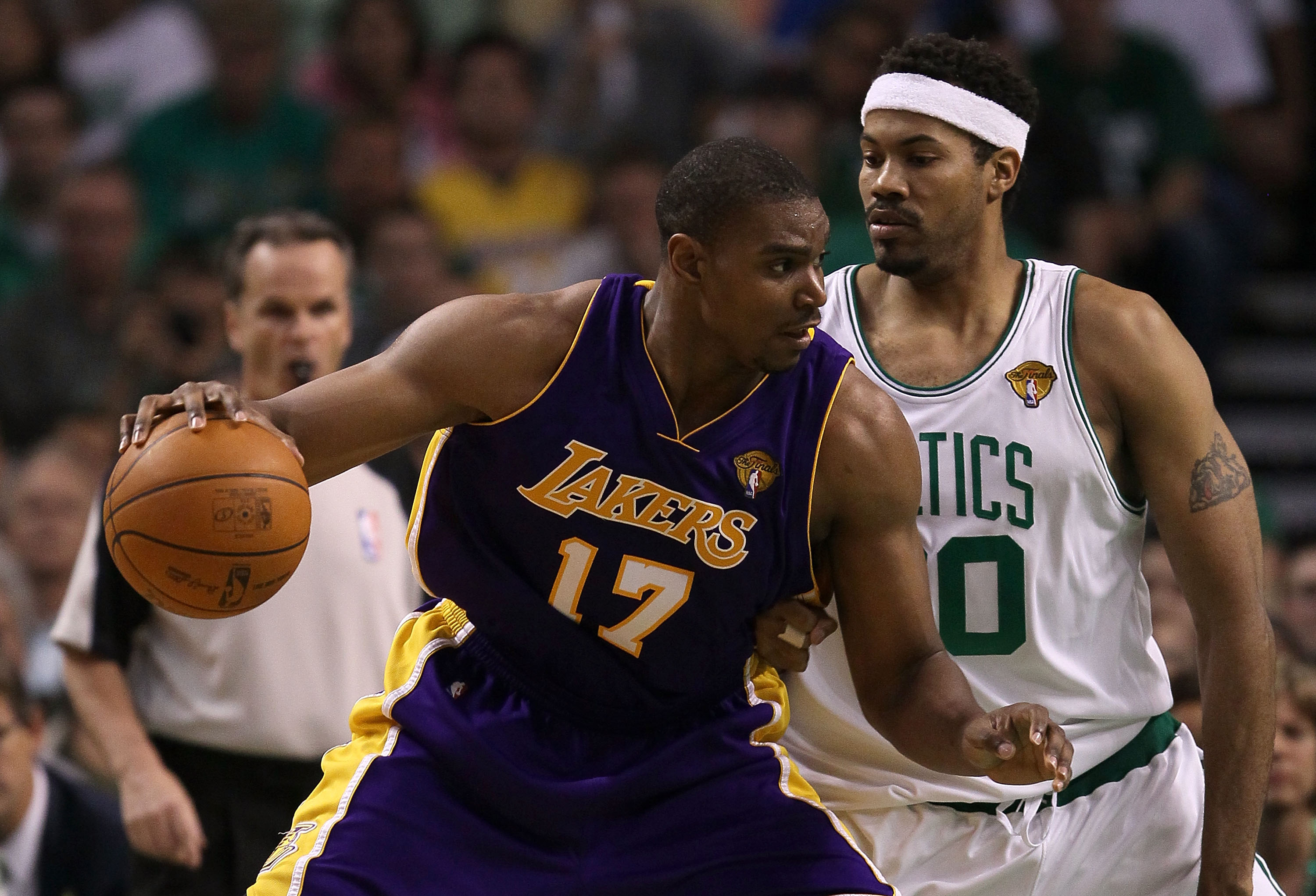 BOSTON - JUNE 13:  Andrew Bynum #17 of the Los Angeles Lakers handles the ball against Rasheed Wallace #30 of the Boston Celtics in the second quarter during Game Five of the 2010 NBA Finals on June 13, 2010 at TD Garden in Boston, Massachusetts. NOTE TO 