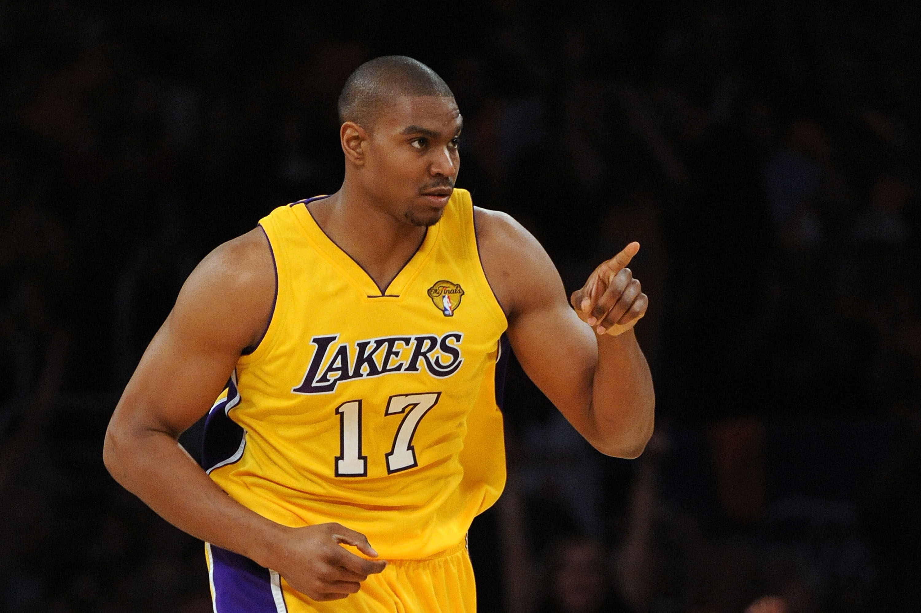 LOS ANGELES, CA - JUNE 03:  Andrew Bynum #17 of the Los Angeles Lakers reacts in the first half against the Boston Celtics in Game One of the 2010 NBA Finals at Staples Center on June 3, 2010 in Los Angeles, California.  NOTE TO USER: User expressly ackno