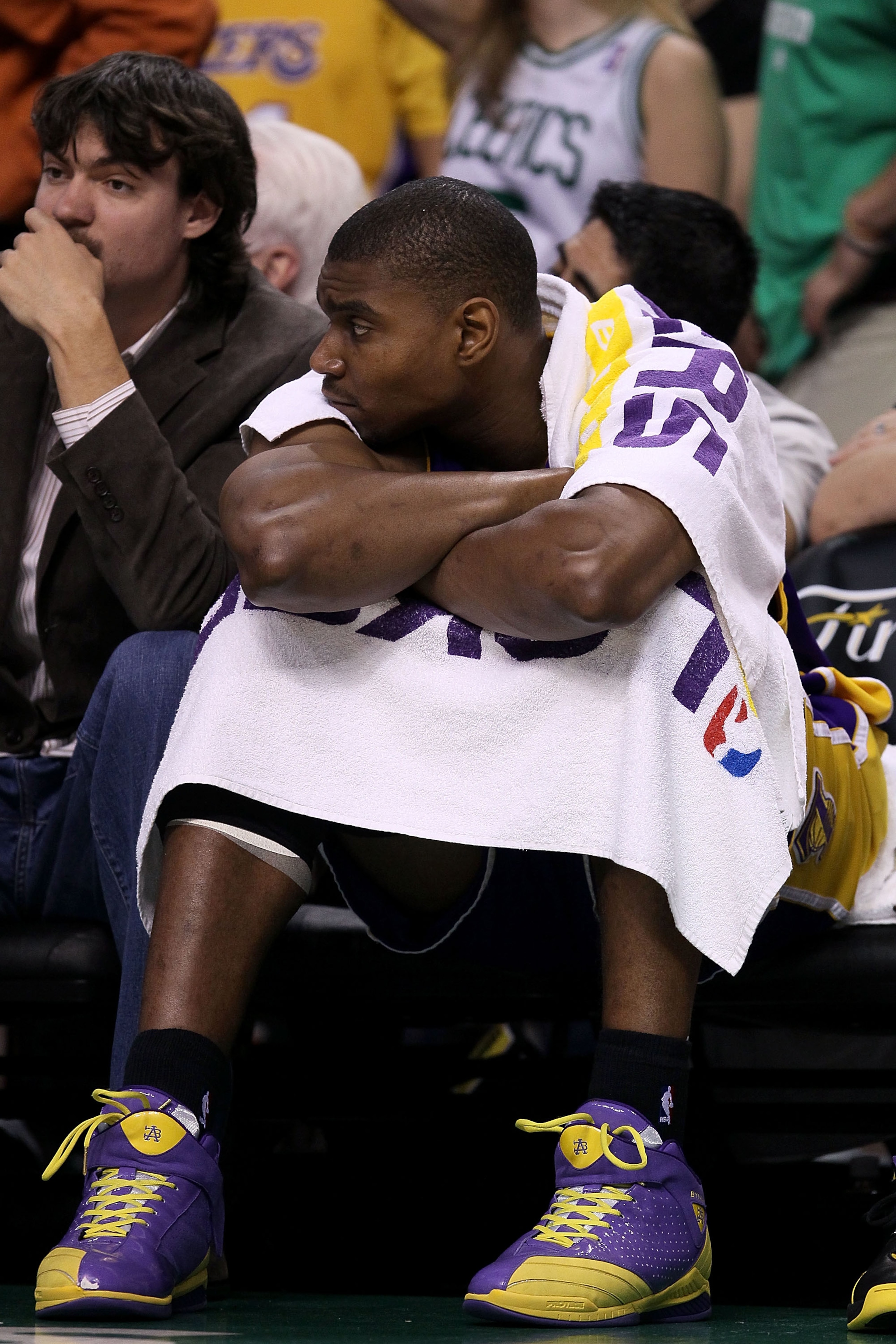 BOSTON - JUNE 10:  Andrew Bynum #17 of the Los Angeles Lakers sits on the bench near the end of the Lakers' loss to the Boston Celltics during Game Four of the 2010 NBA Finals on June 10, 2010 at TD Garden in Boston, Massachusetts. NOTE TO USER: User expr