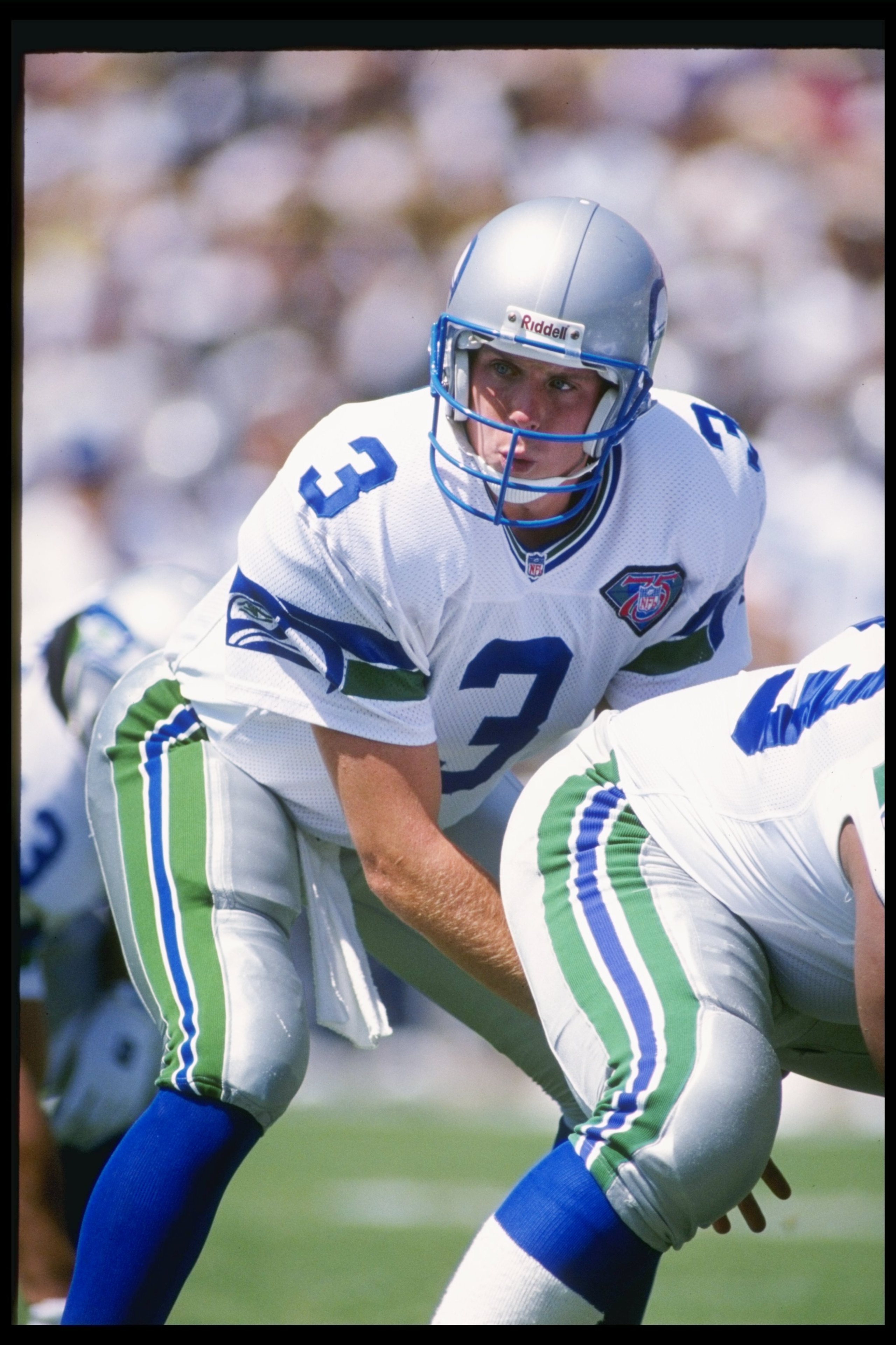 11 Sep 1994: Quarterback Rick Mirer of the Seattle Seahawks stands behind center during a game against the Los Angeles Raiders at the Los Angeles Memorial Coliseum in Los Angeles, California. The Seahawks won the game, 38-9.