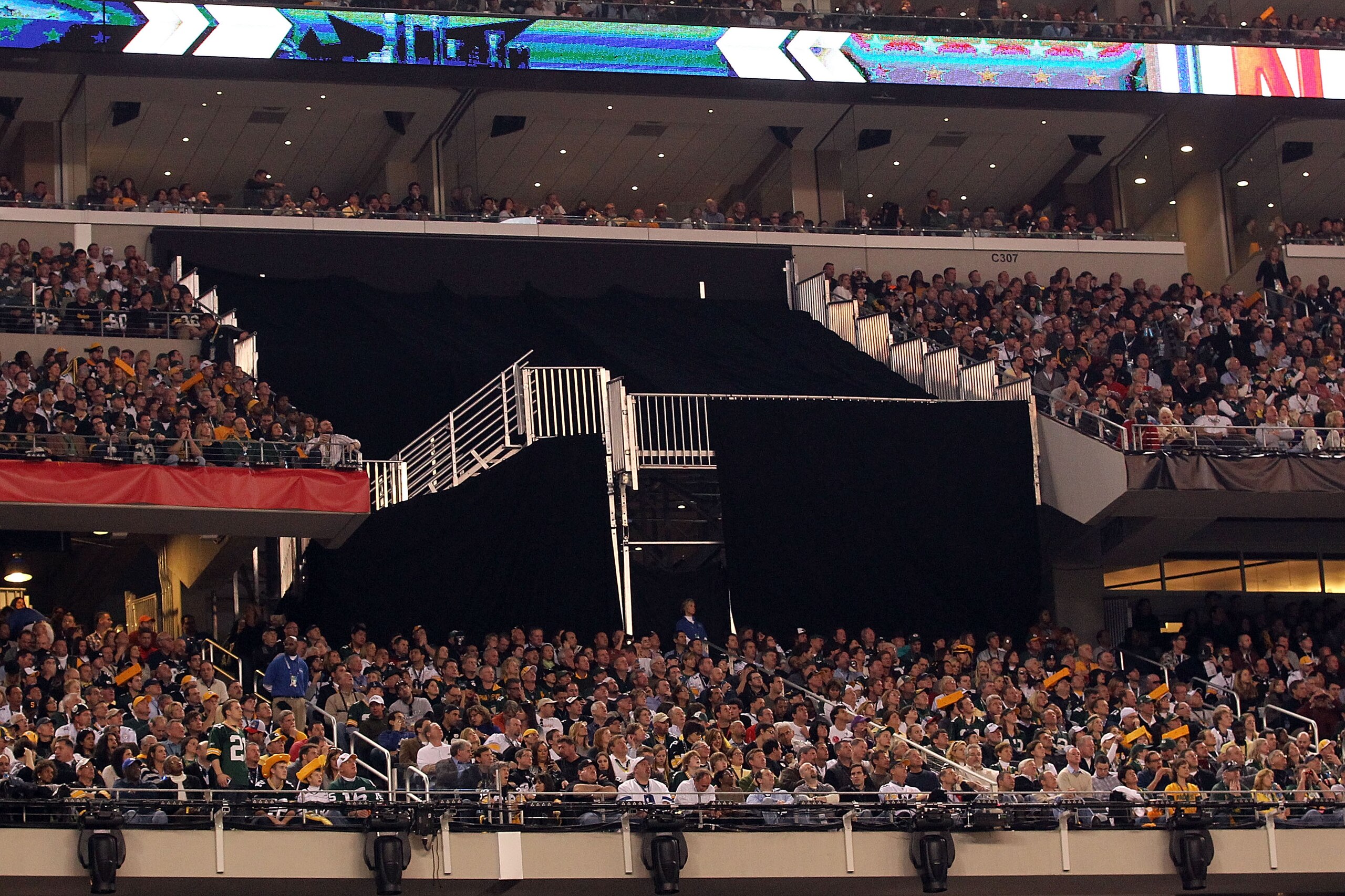 ARLINGTON, TX - FEBRUARY 06: Some of the 400 temporary seats that will no longer be used since they were not complete are taped off before the Pittsburgh Steelers play against the Green Bay Packers in Super Bowl XLV at Cowboys Stadium on February 6, 2011 ARLINGTON, TX - FEBRUARY 06: Some of the 400 temporary seats that will no longer be used since they were not complete are taped off before the Pittsburgh Steelers play against the Green Bay Packers in Super Bowl XLV at Cowboys Stadium on February 6, 2011