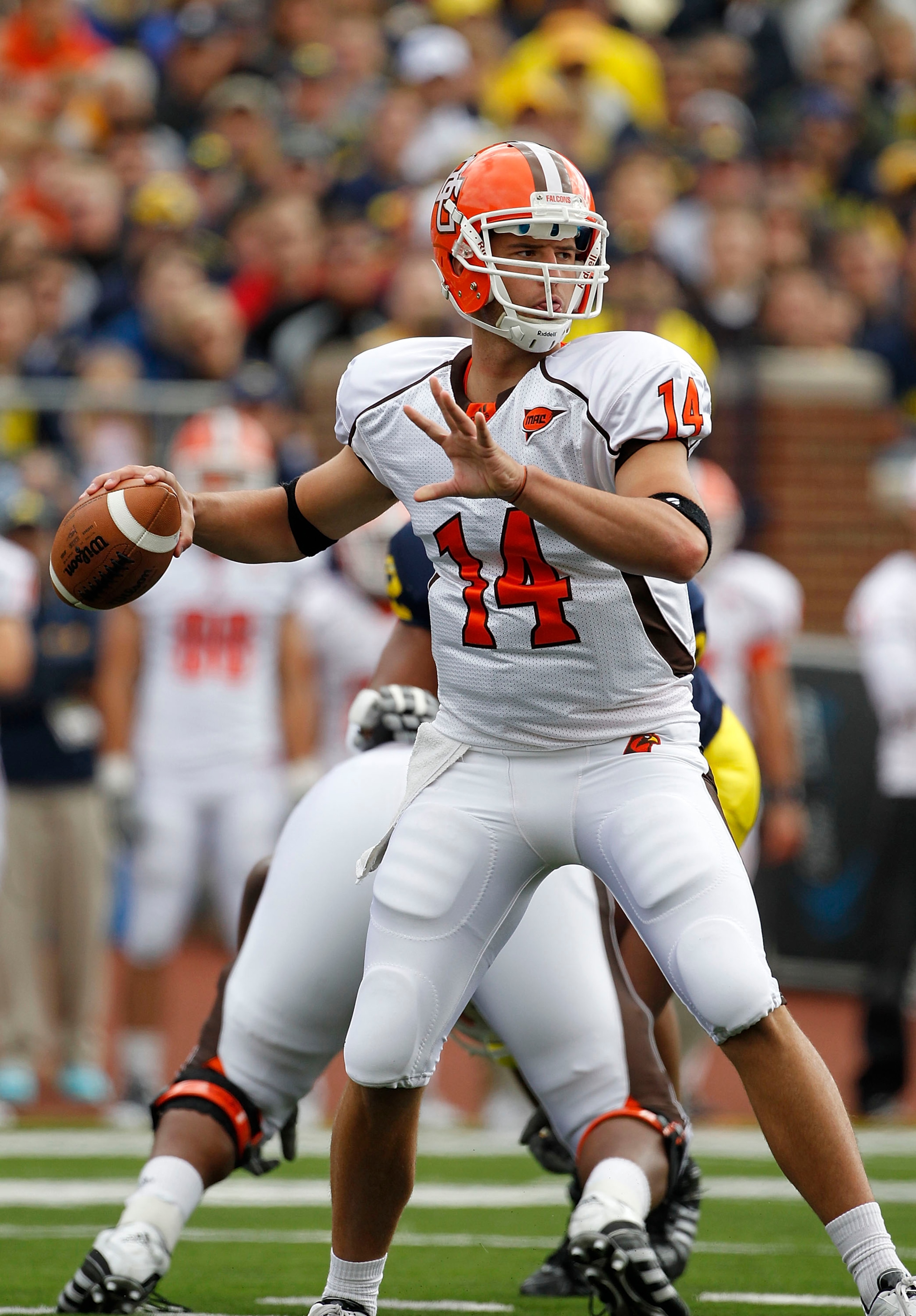 ANN ARBOR, MI - SEPTEMBER 25: Aaron Pankratz #14 of Bowling Green drops back to pass in the first quarter during the game against the Michigan Wolverines on September 25, 2010 at Michigan Stadium in Ann Arbor, Michigan. Michigan defeated Bowling Green 65-