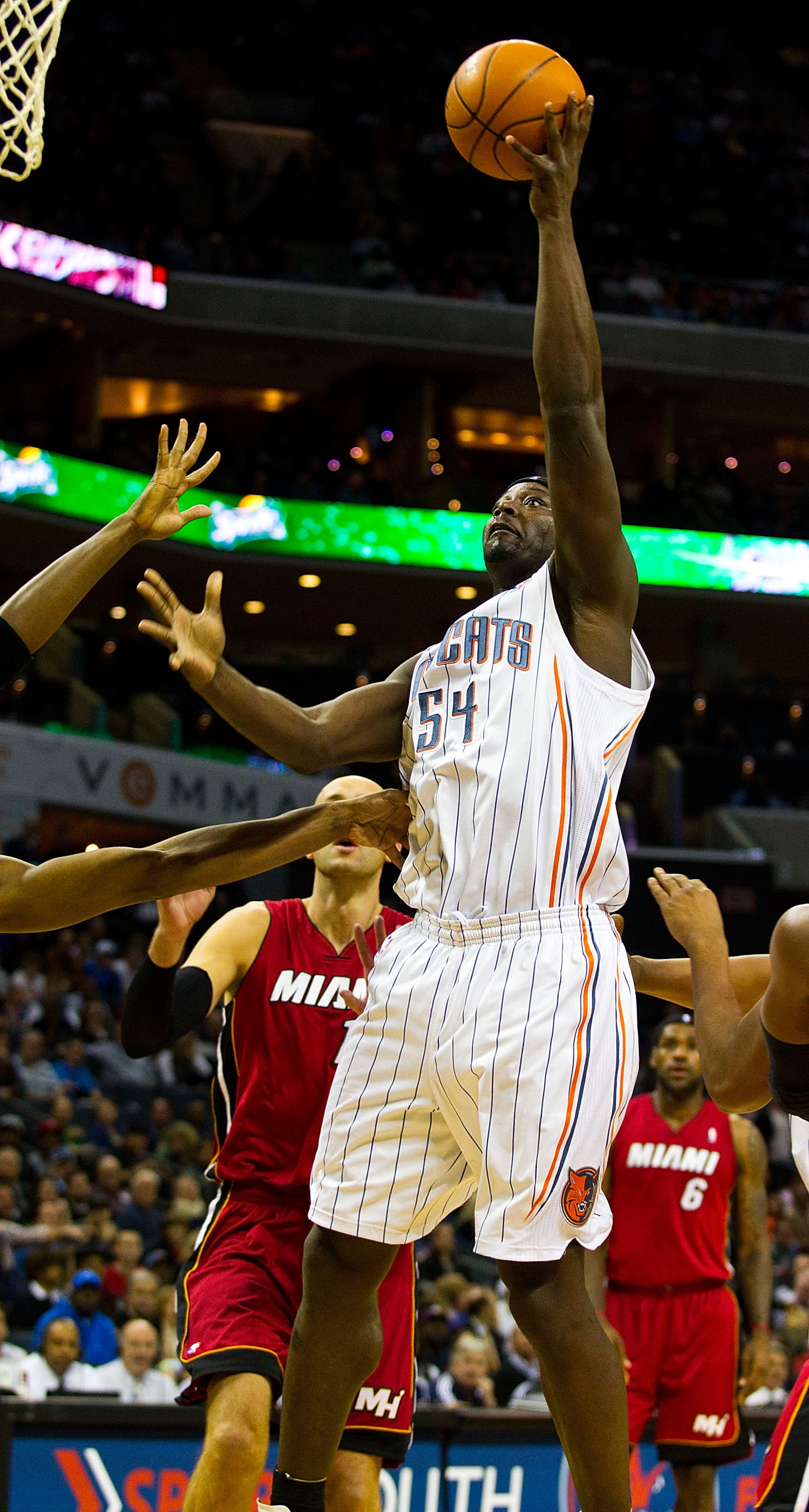 CHARLOTTE, NC - JANUARY 03: Kwame Brown #54 takes a shot against the Miami Heat at Time Warner Cable Arena on January 3, 2011 in Charlotte, North Carolina.  The Heat defeated the Bobcats 96-82.  (Photo by Brian A. Westerholt/Getty Images)