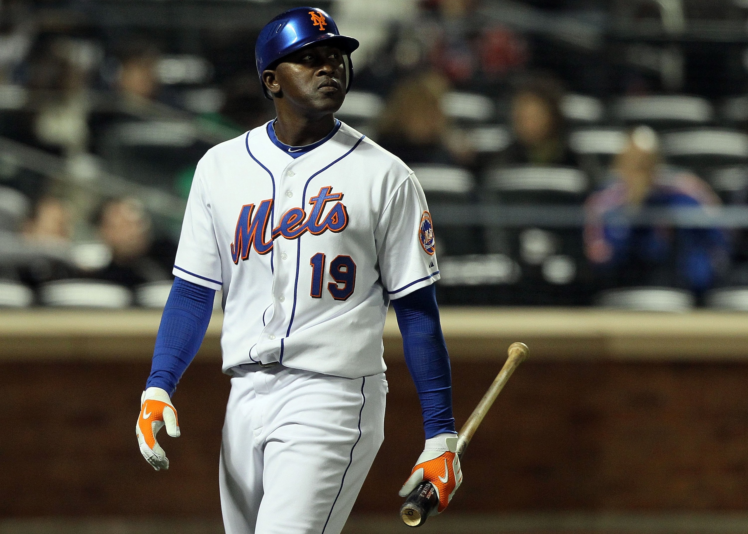 NEW YORK - MAY 10:  Pinch hitter Gary Matthews Jr #19 of the New York Mets walks back to the dugout after striking out against the Washington Nationals on May 10, 2010 at Citi Field in the Flushing neighborhood of the Queens borough of New York City.  (Ph