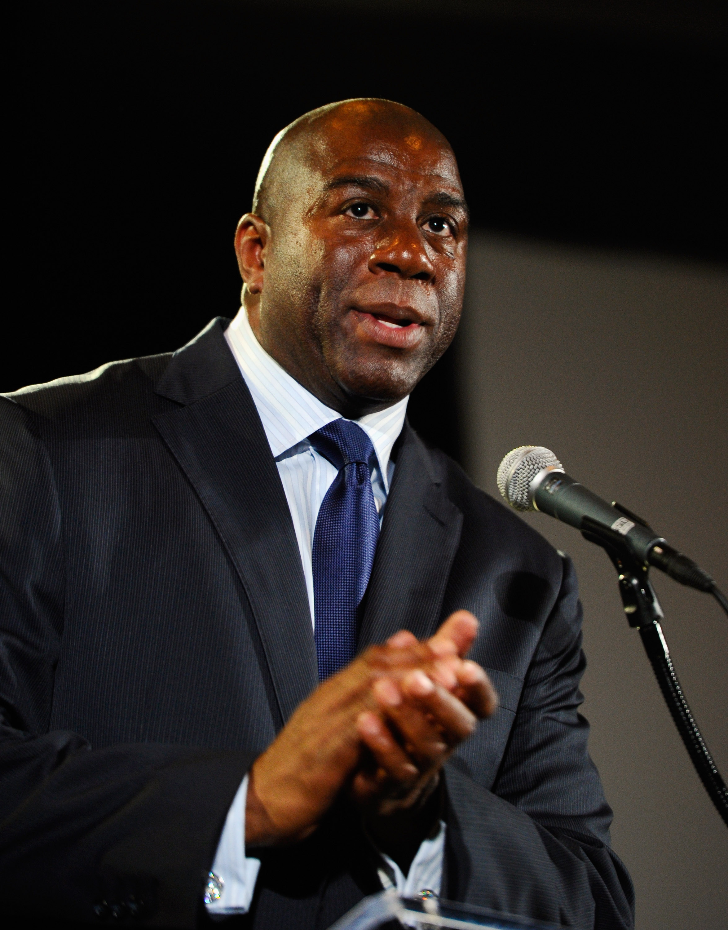 LOS ANGELES, CA - FEBRUARY 01:  Los Angeles Lakers basketball great Magic Johnson speaks during an event announcing naming rights for the new football stadium Farmers Field at Los Angeles Convention Center on February 1, 2011 in Los Angeles, California. A