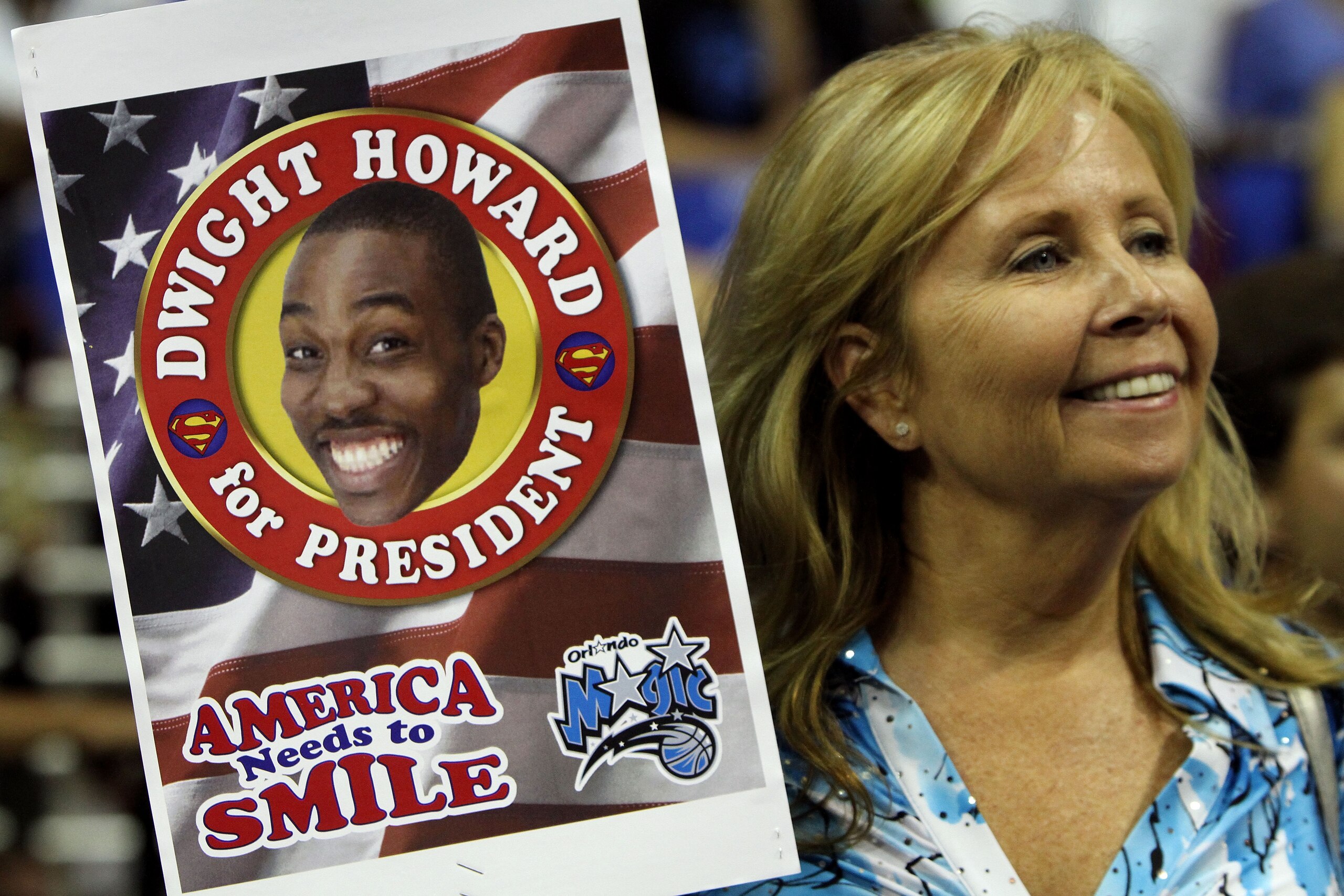 ORLANDO, FL - MAY 16:  A fan of the Orlando Magic holds up a sign which reads 'Dwight Howard for President... America needs a Smile' against the Boston Celtics in Game One of the Eastern Conference Finals during the 2010 NBA Playoffs at Amway Arena on May