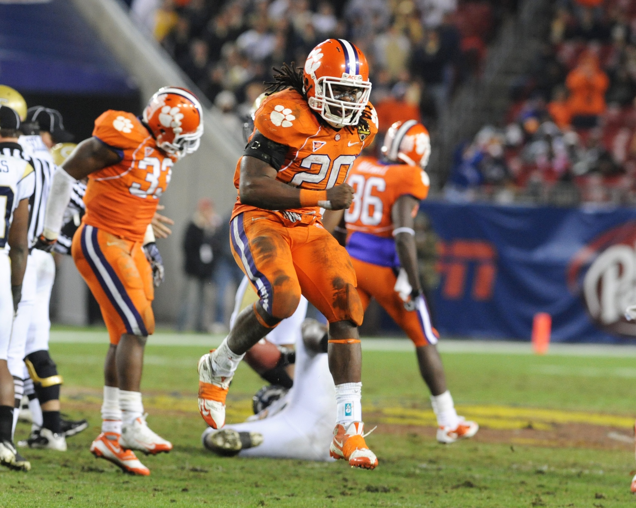 TAMPA, FL - NOVEMBER 28: Linebacker Brandon Maye #20 of the Clemson Tigers celebrates a sack against the Georgia Tech Yellow Jackets in the 2009 ACC Football Championship Game December 5, 2009 at Raymond James Stadium in Tampa, Florida. (Photo by Al Mes TAMPA, FL - NOVEMBER 28: Linebacker Brandon Maye #20 of the Clemson Tigers celebrates a sack against the Georgia Tech Yellow Jackets in the 2009 ACC Football Championship Game December 5, 2009 at Raymond James Stadium in Tampa, Florida. (Photo by Al Mes