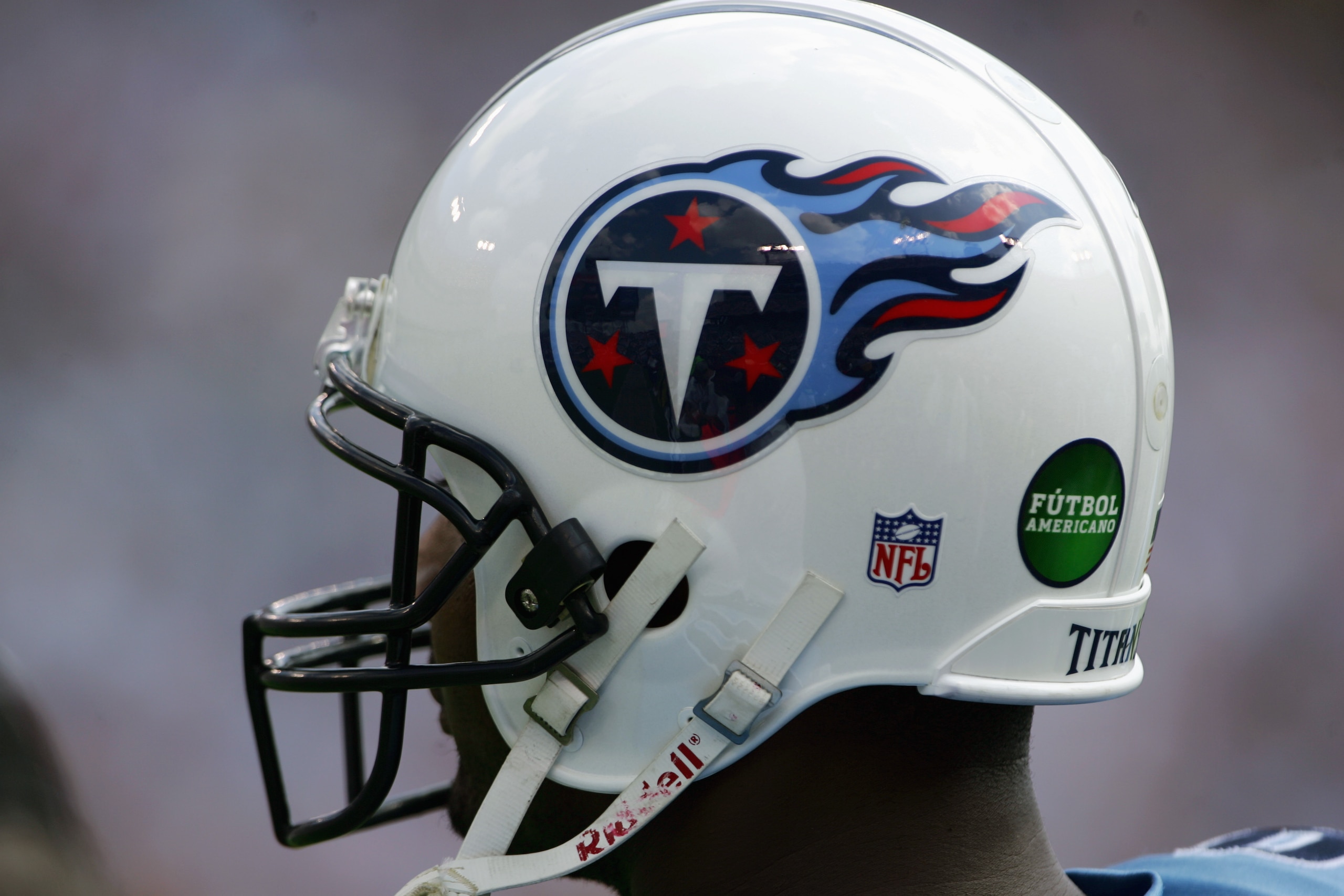 NASHVILLE, TN - OCTOBER 2: A Tennessee Titans helmet displays the Futbol Americano logo during the game against the Indianapolis Colts at The Coliseum on October 2, 2005 in Nashville, Tennessee. The Colts defeated the Titans 31-10. (Photo by Doug Pensin NASHVILLE, TN - OCTOBER 2: A Tennessee Titans helmet displays the Futbol Americano logo during the game against the Indianapolis Colts at The Coliseum on October 2, 2005 in Nashville, Tennessee. The Colts defeated the Titans 31-10. (Photo by Doug Pensin