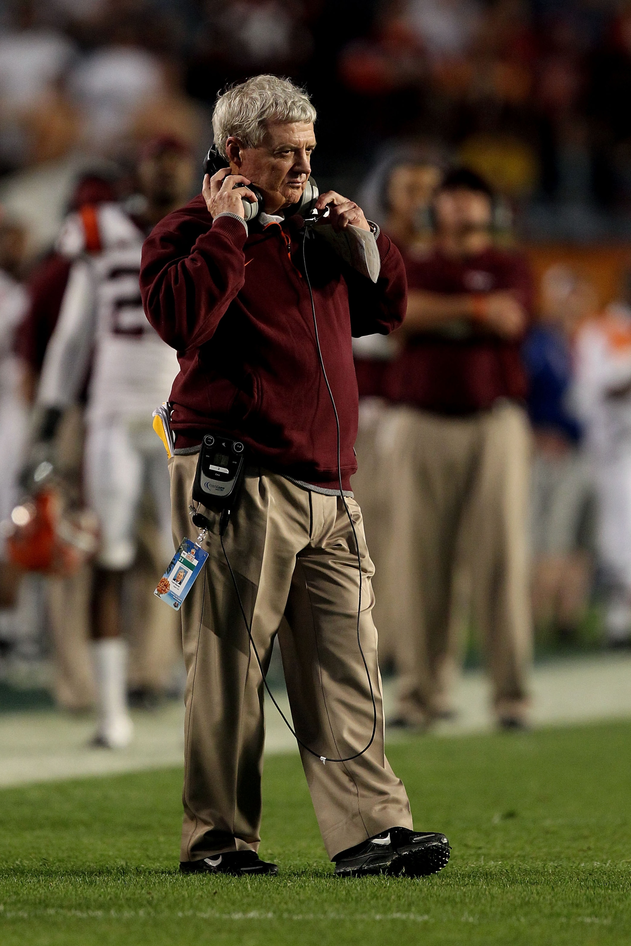 MIAMI, FL - JANUARY 03: Head coach Frank Beamer of the Virginia Tech Hokies looks on against the Stanford Cardinal during the 2011 Discover Orange Bowl at Sun Life Stadium on January 3, 2011 in Miami, Florida. Stanford won 40-12. (Photo by Streeter Lecka/ MIAMI, FL - JANUARY 03: Head coach Frank Beamer of the Virginia Tech Hokies looks on against the Stanford Cardinal during the 2011 Discover Orange Bowl at Sun Life Stadium on January 3, 2011 in Miami, Florida. Stanford won 40-12. (Photo by Streeter Lecka/