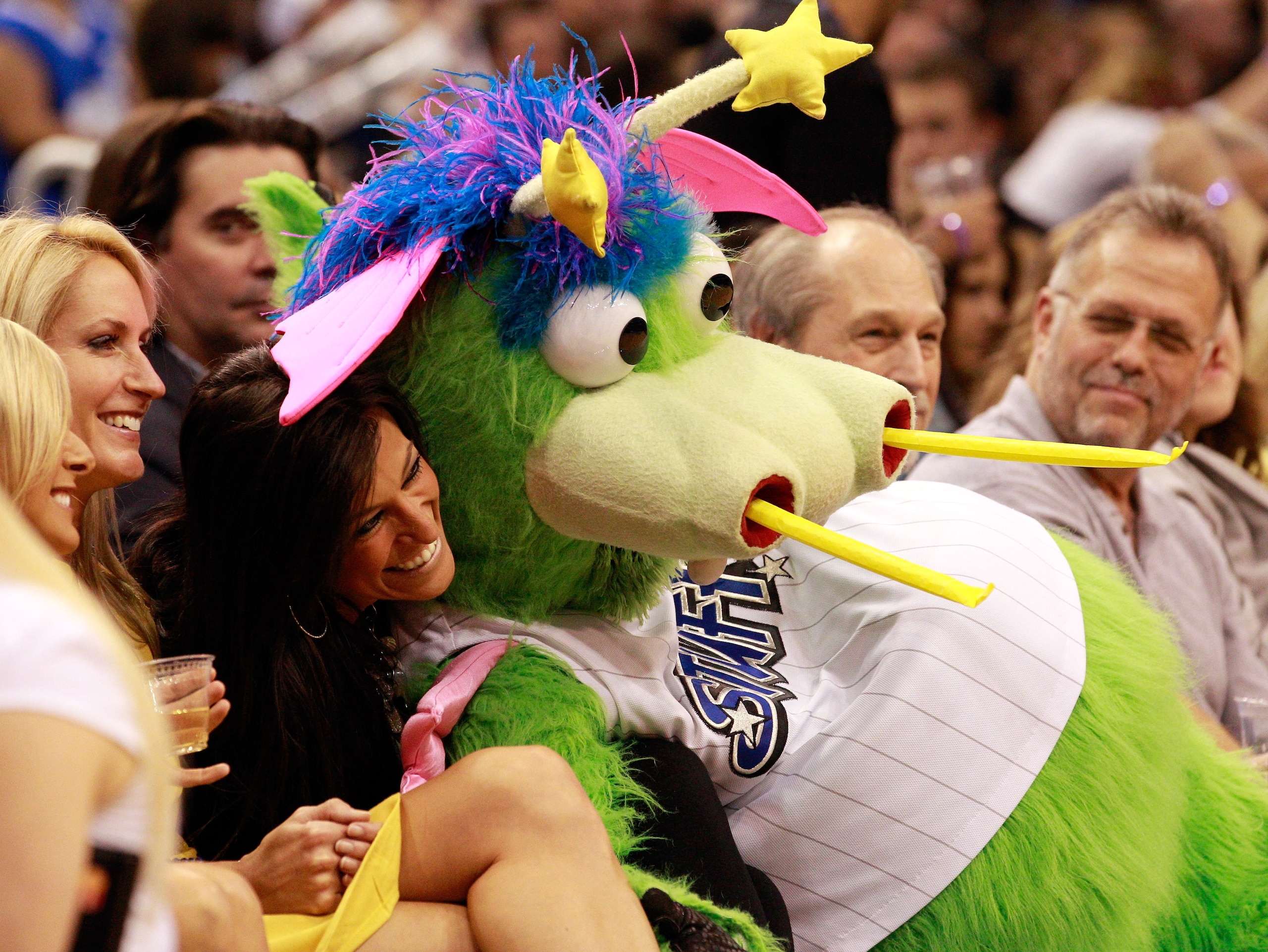 ORLANDO, FL - FEBRUARY 08:  Stuff, mascot of the Orlando Magic, entertains the corwd during the game at Amway Arena on February 8, 2011 in Orlando, Florida.  NOTE TO USER: User expressly acknowledges and agrees that, by downloading and or using this Photo